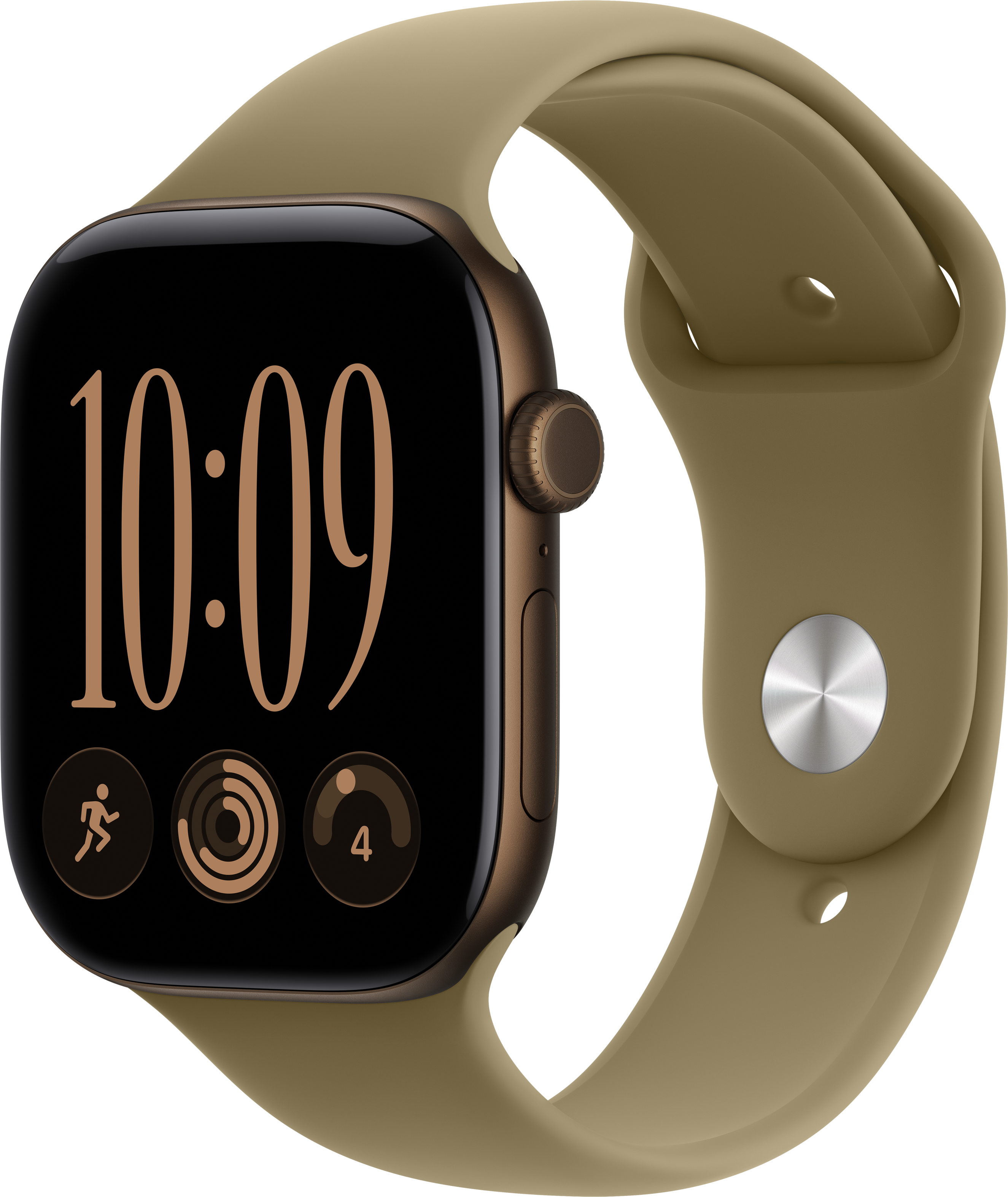Uno smartwatch color bronzo con cinturino in silicone beige mostra l'ora 10:09 sullo schermo nero.