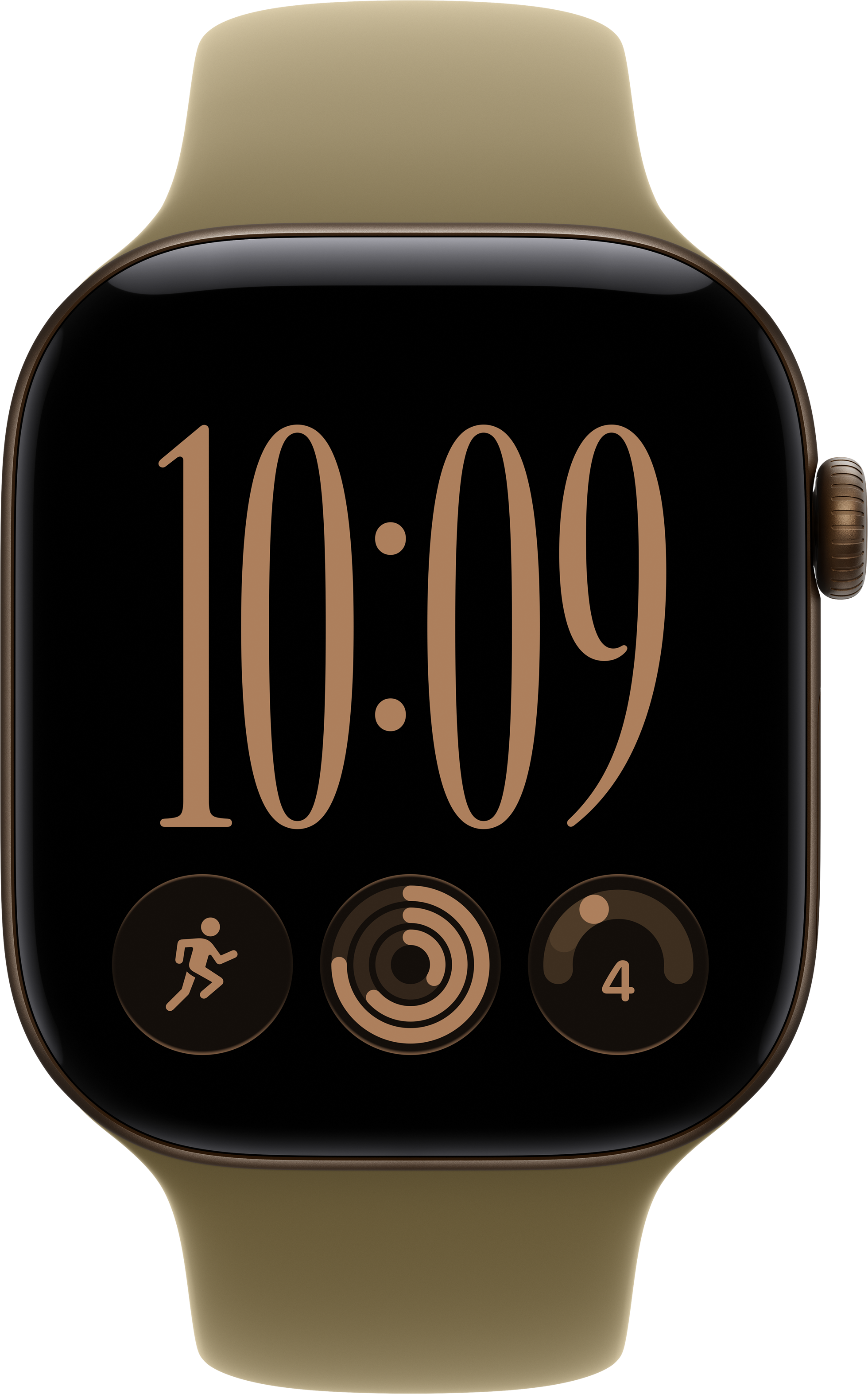 Uno smartwatch in bronzo mostra le 10:09 e tre icone di attività su schermo nero.
