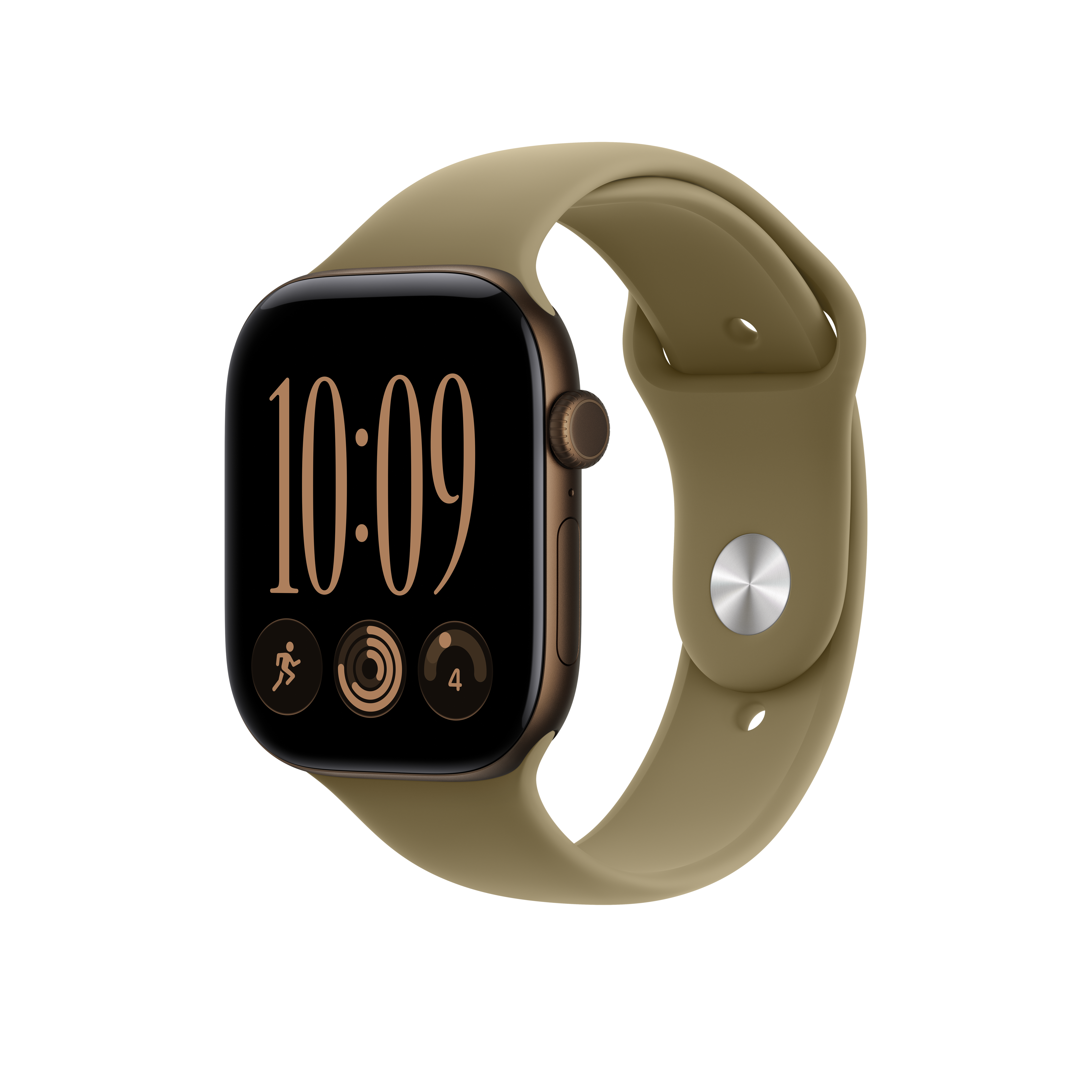 Uno smartwatch con cassa marrone e cinturino sabbia mostra le 10:09 su sfondo nero.