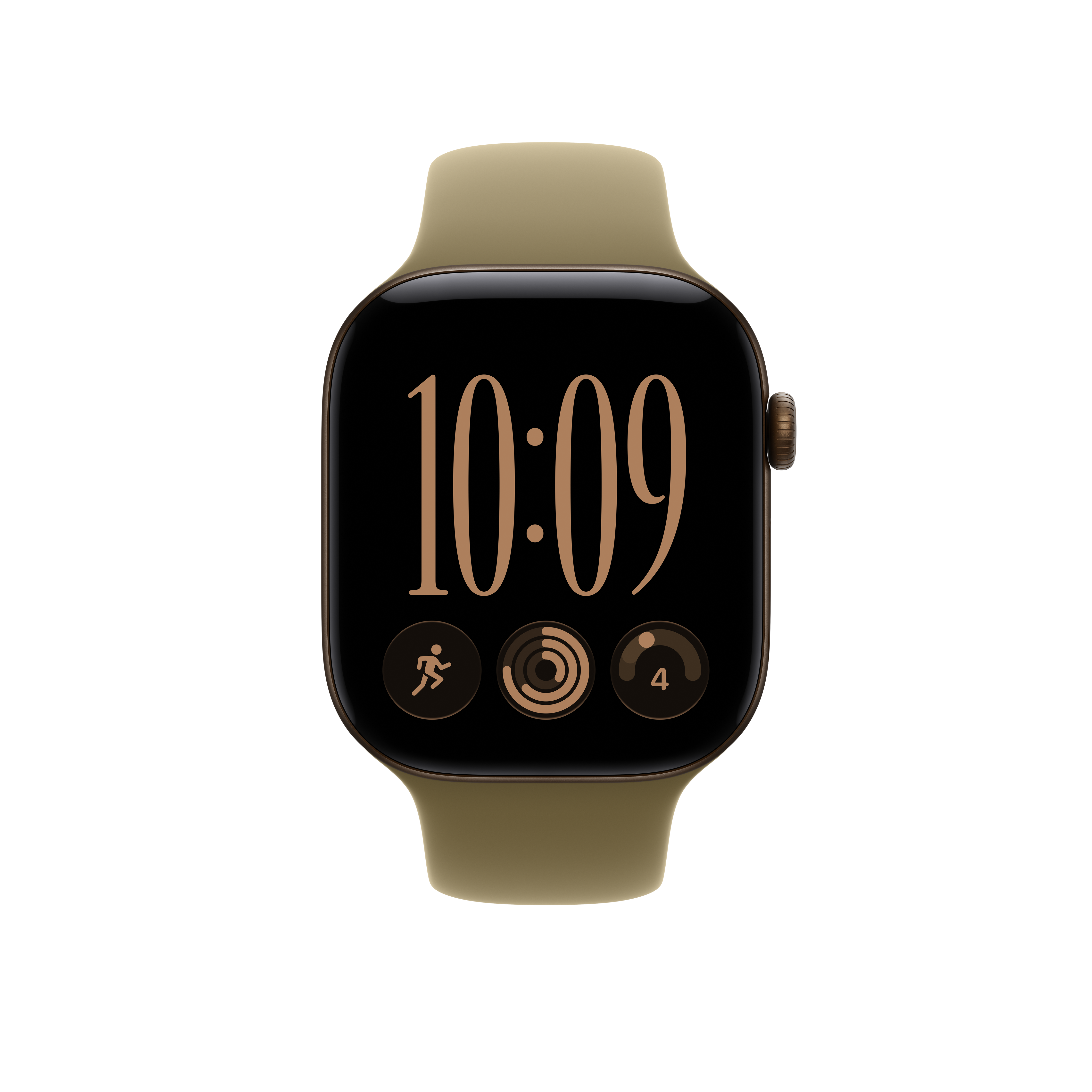 Uno smartwatch con cassa e cinturino marroni che mostra le 10:09 su sfondo nero.