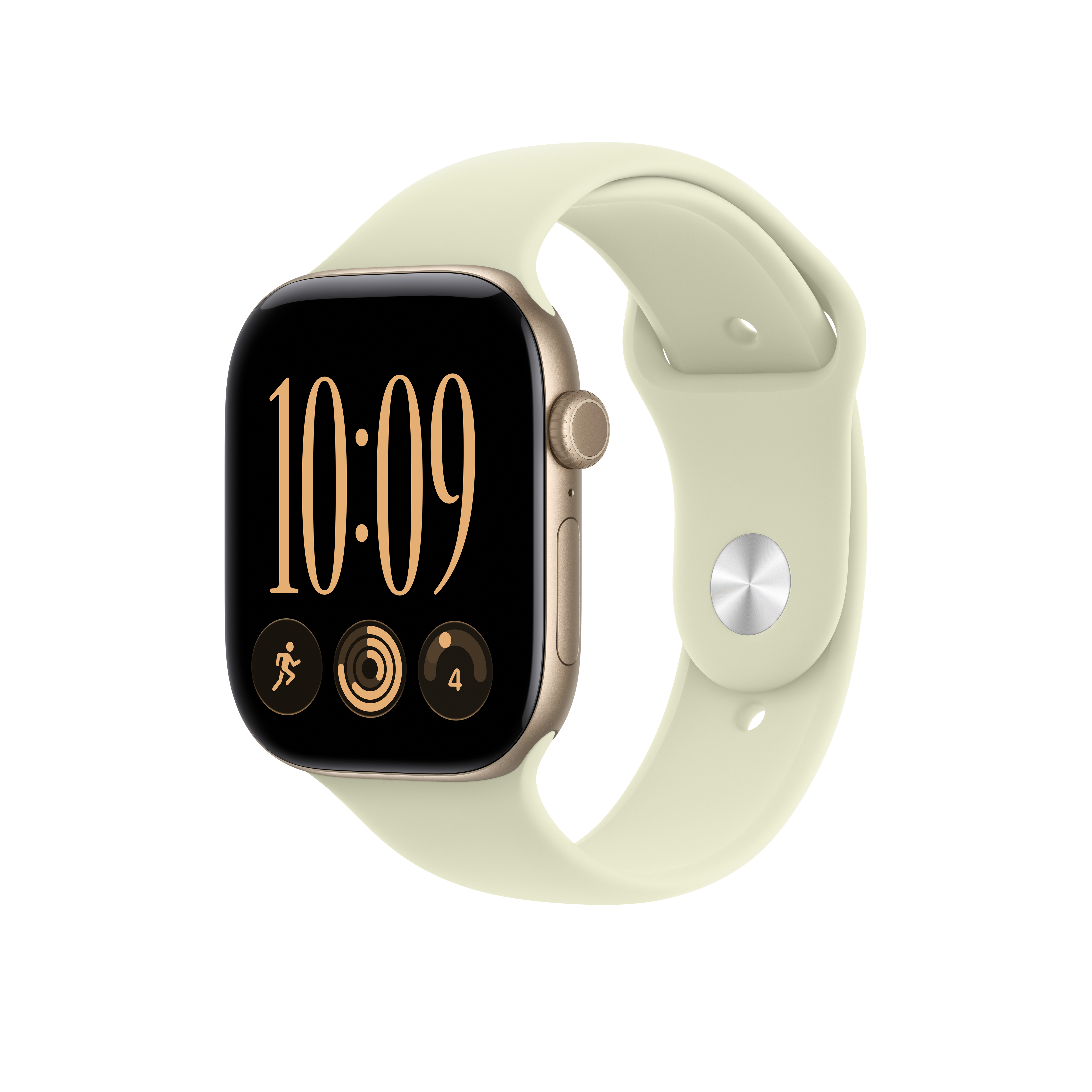 Smartwatch dorato con cinturino in silicone chiaro che mostra 10:09 e anelli di attività su sfondo nero.