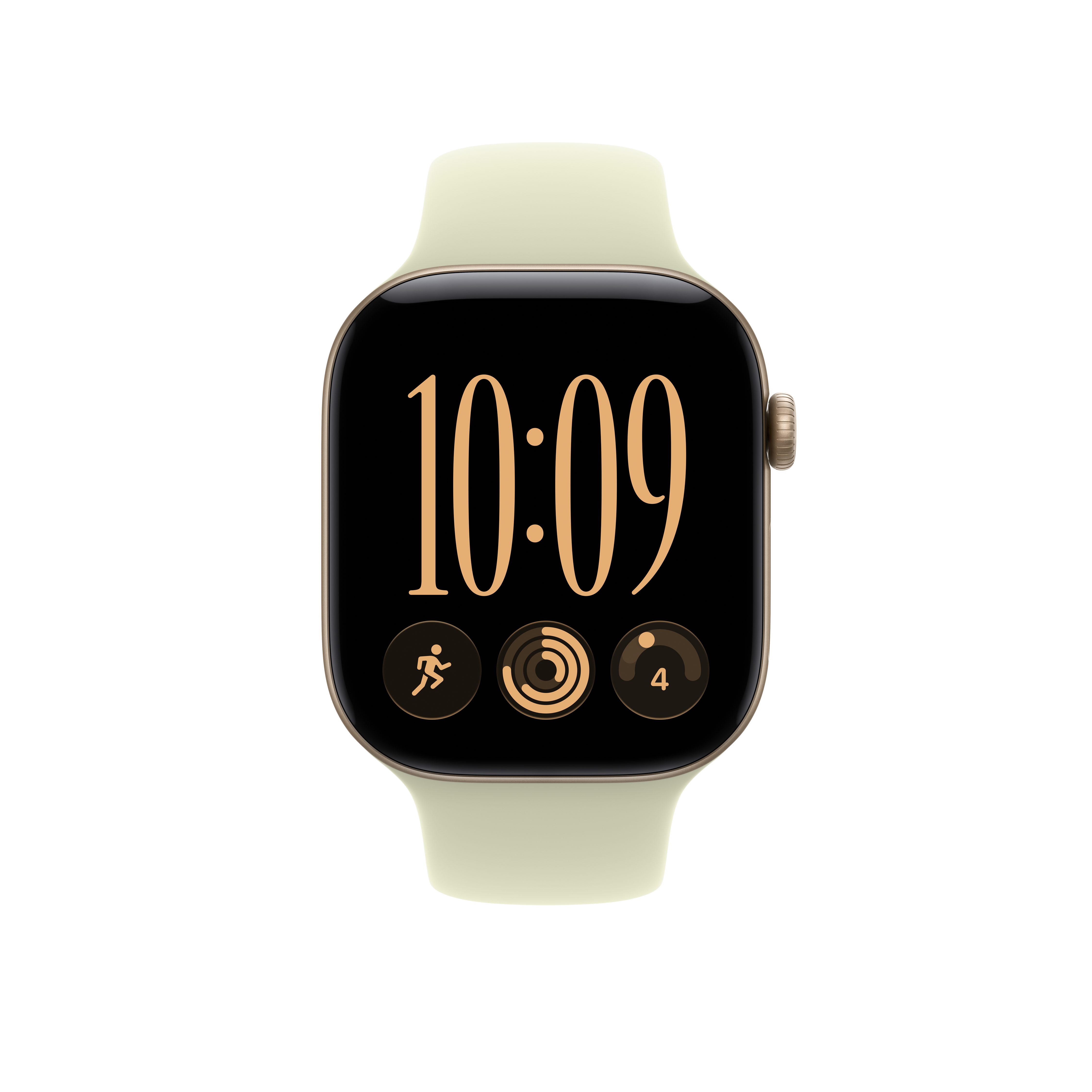 Smartwatch dorato con cinturino in silicone crema e display nero che mostra le 10:09.