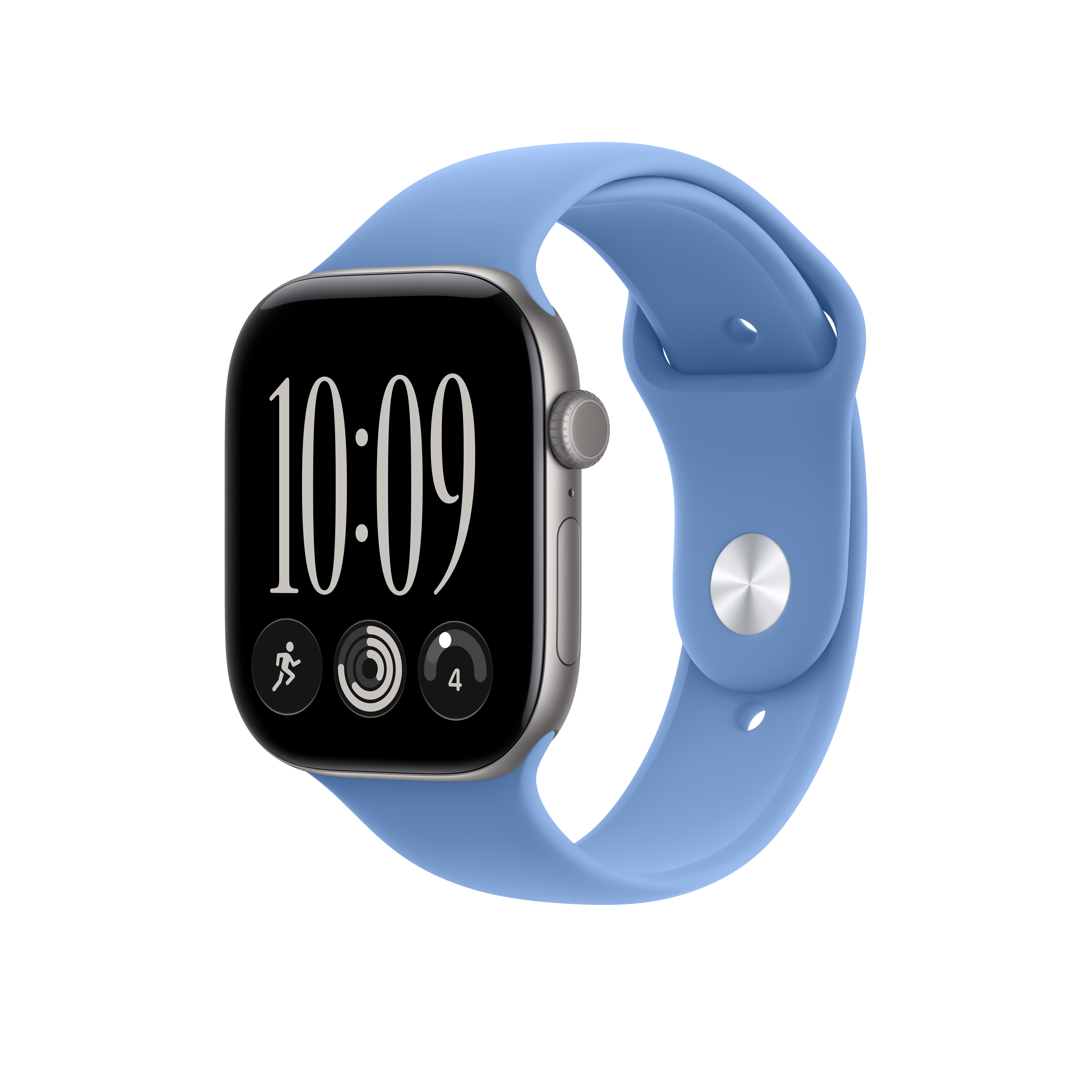 Une montre connectée avec un boîtier argenté et un bracelet en silicone bleu clair affiche l'heure 10:09.