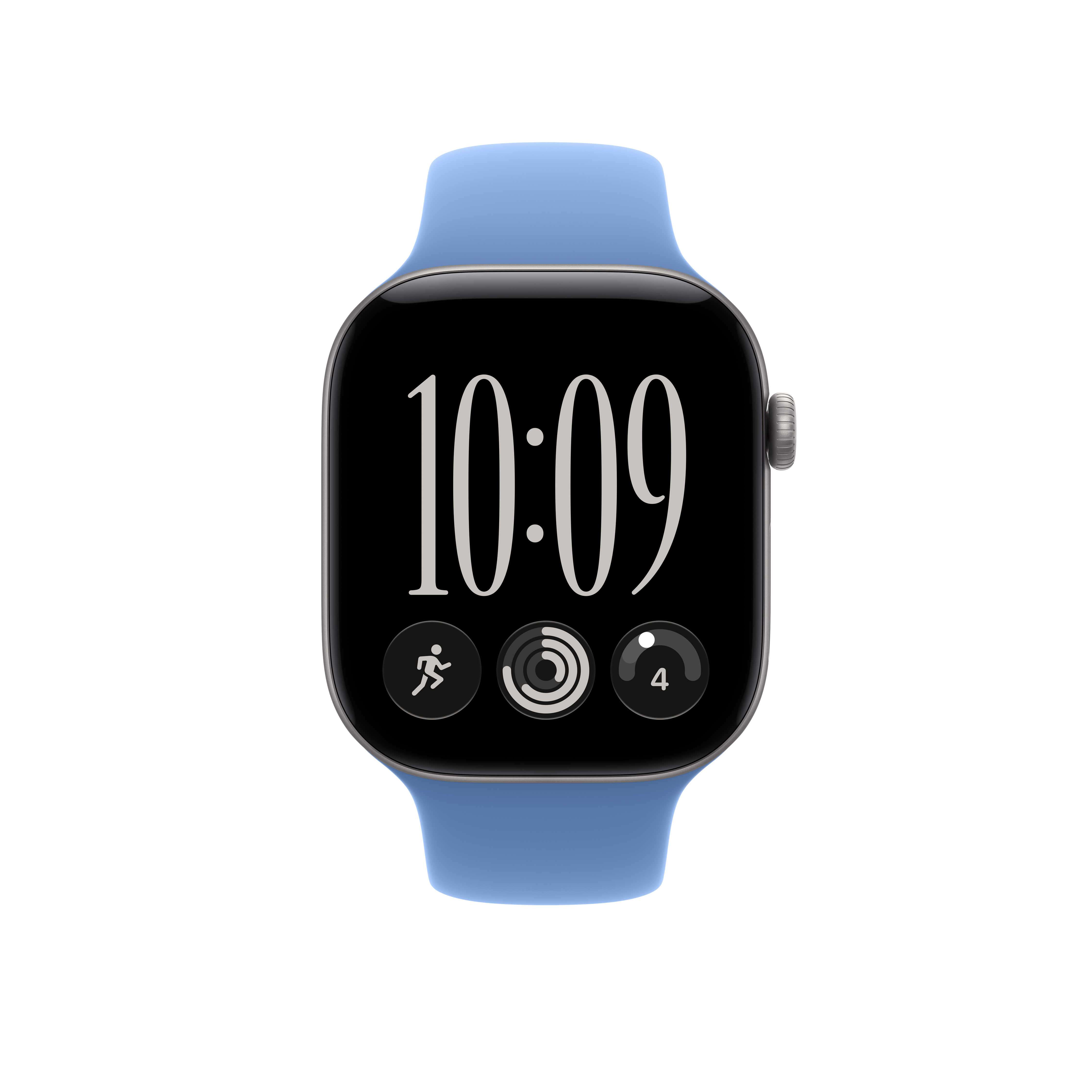 Une montre connectée à bracelet bleu et affichage numérique indiquant 10:09 sur fond noir.