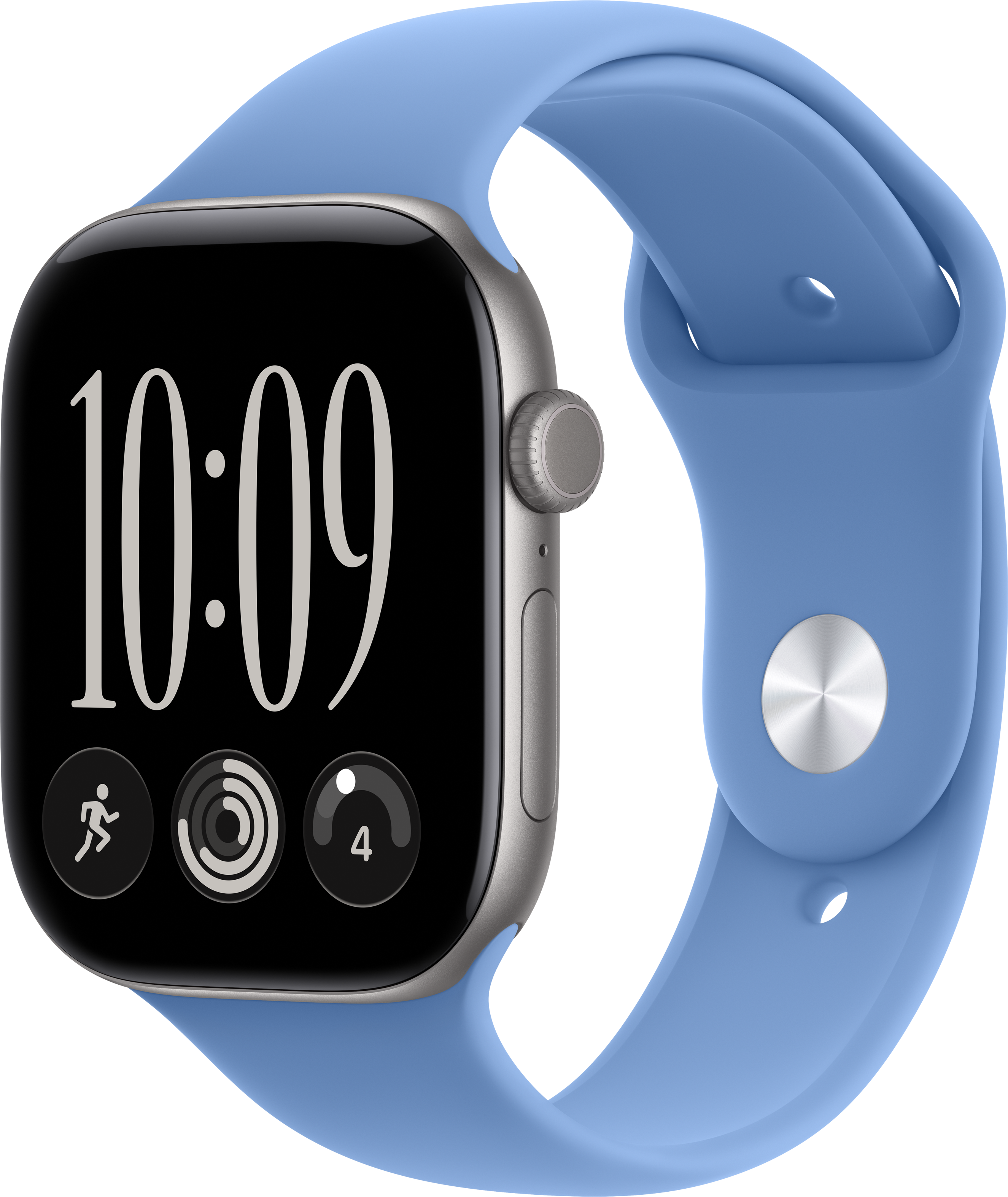 Une montre connectée bleu clair avec affichage numérique montrant 10:09 sur fond noir.