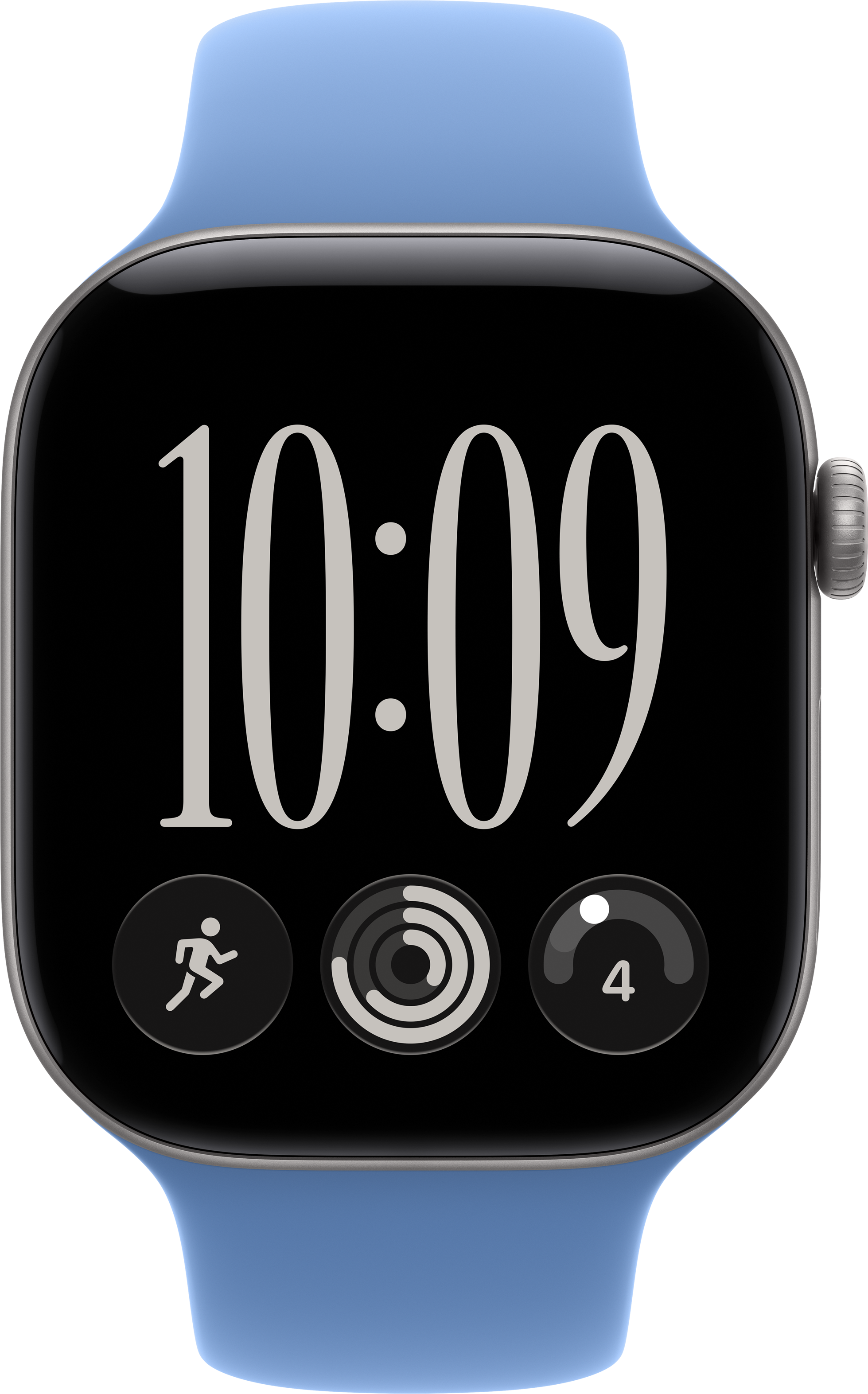 Montre connectée à bracelet bleu clair affiche l'heure 10:09 et trois icônes de fitness sur écran noir.