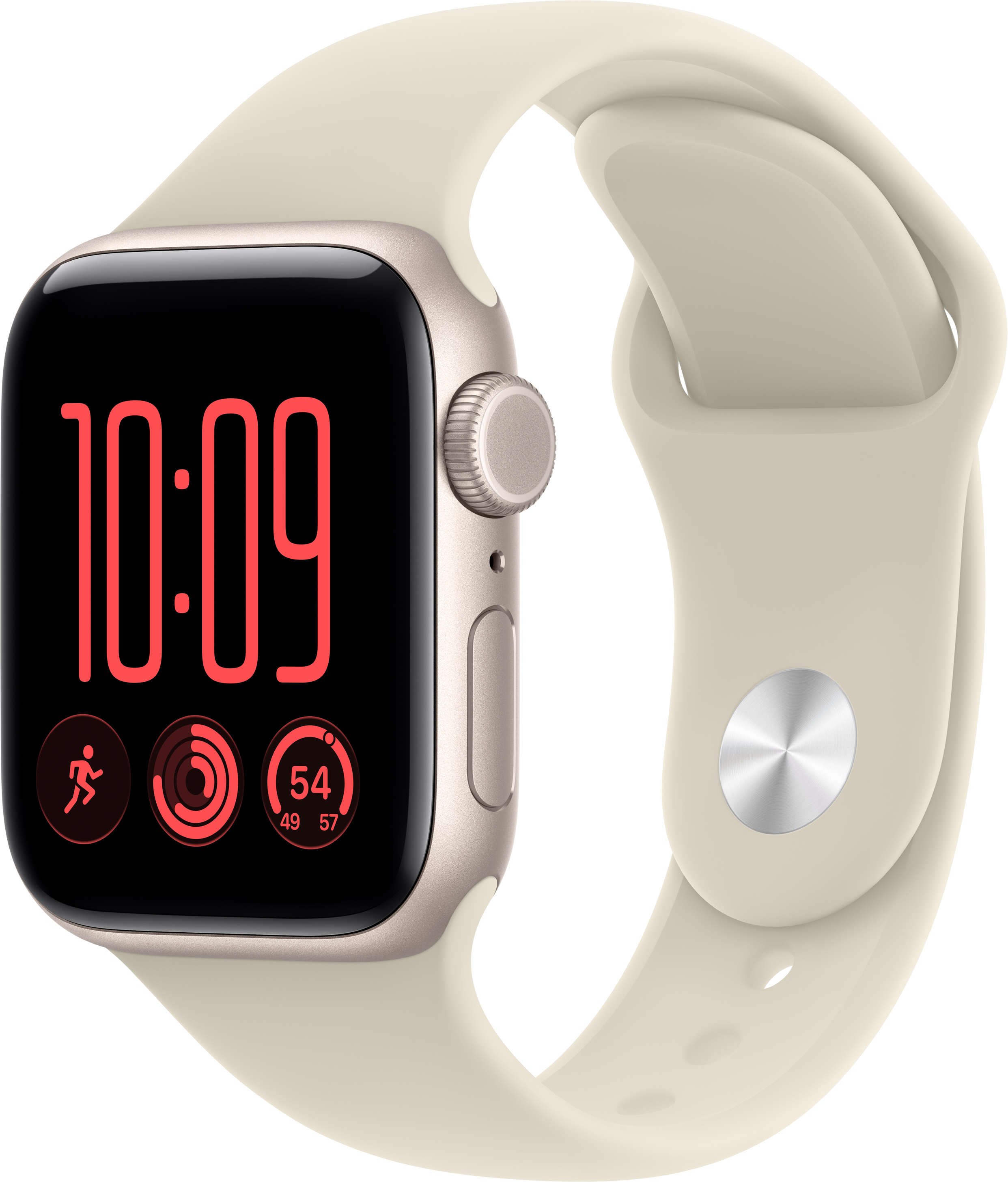 Eine goldene Smartwatch mit cremefarbenem Silikonarmband und rotem Digitaldisplay, das 10:09 anzeigt.
