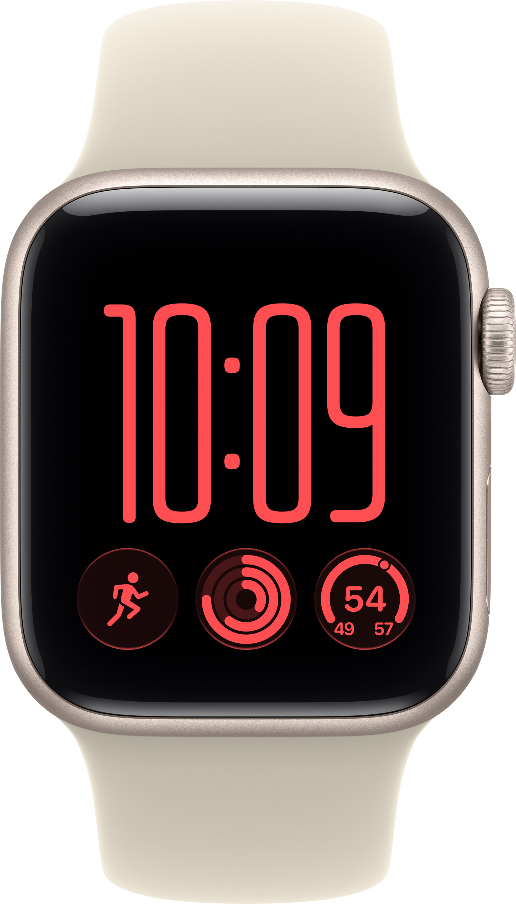 Goldfarbene Smartwatch mit weißem Armband, digitalem roten Zifferblatt und Fitness-Symbolen.
