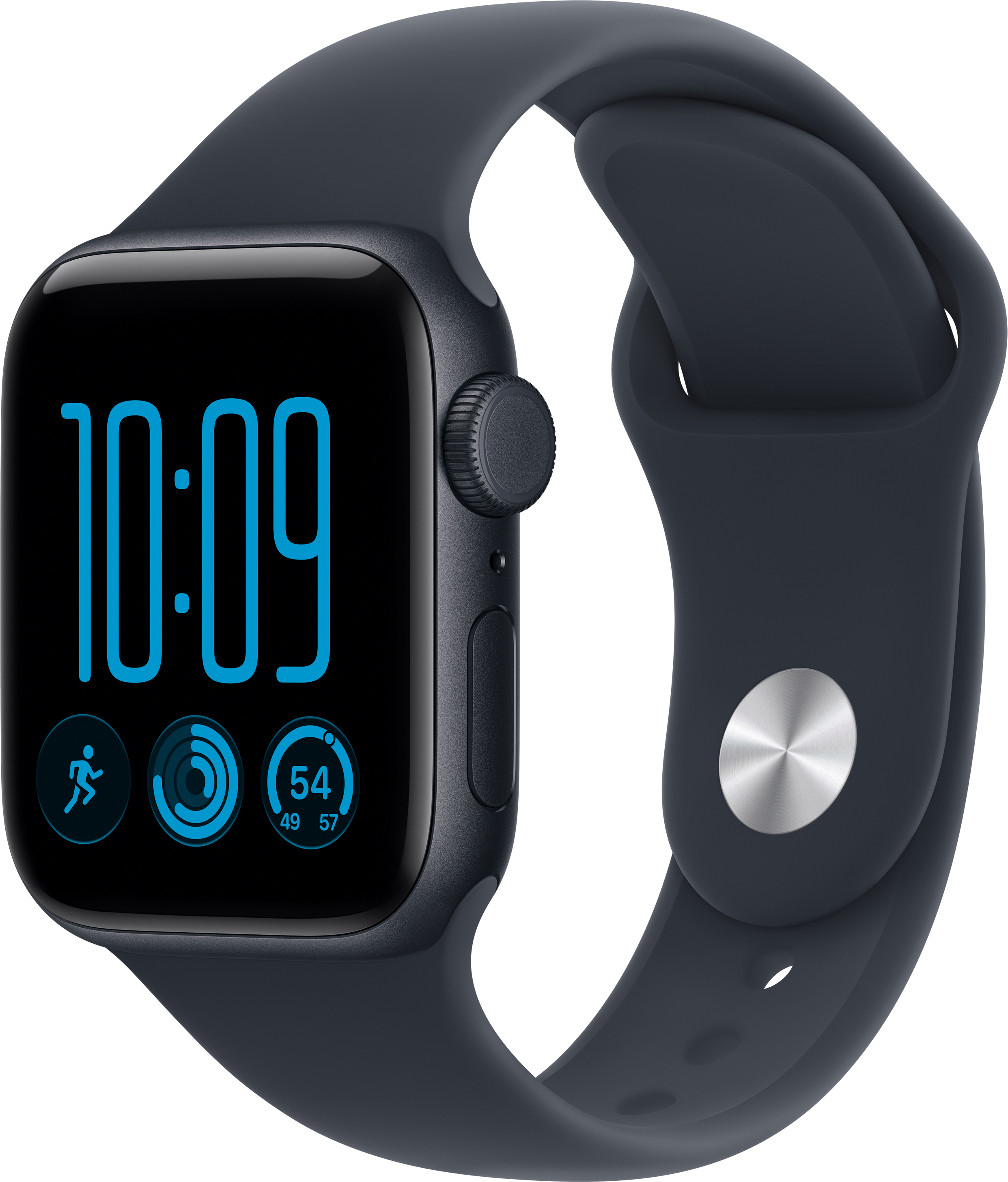 Eine schwarze Smartwatch mit blauem Zifferblatt und Sportarmband auf schwarzem Hintergrund.