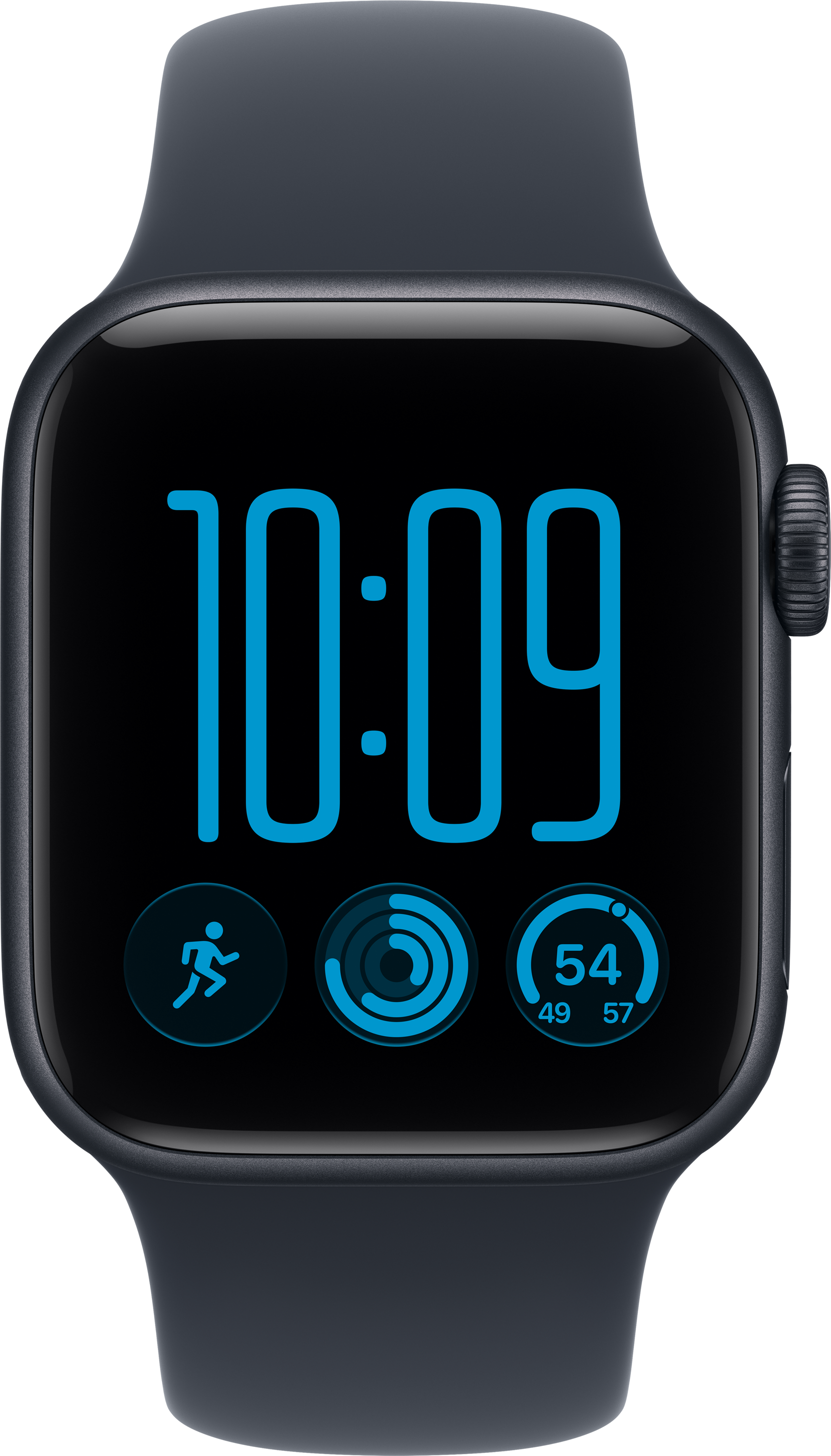 Eine schwarze Smartwatch mit blauem Zifferblatt zeigt 10:09 und Aktivitätsdaten an.