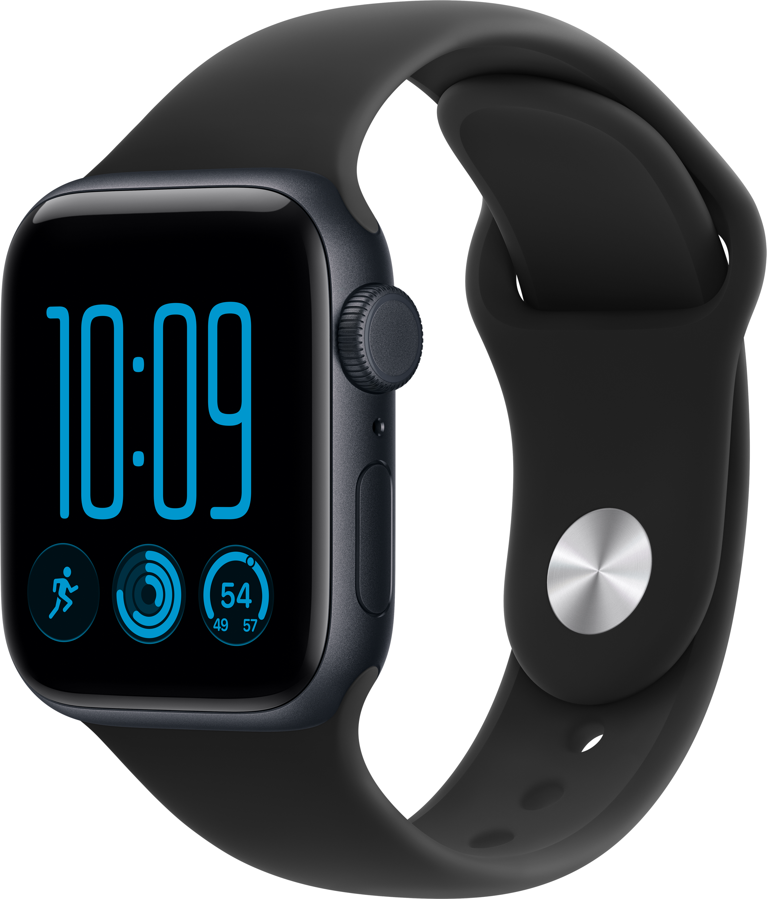 Schwarze Smartwatch mit blauem Zifferblatt und Sportarmband auf schwarzem Hintergrund.