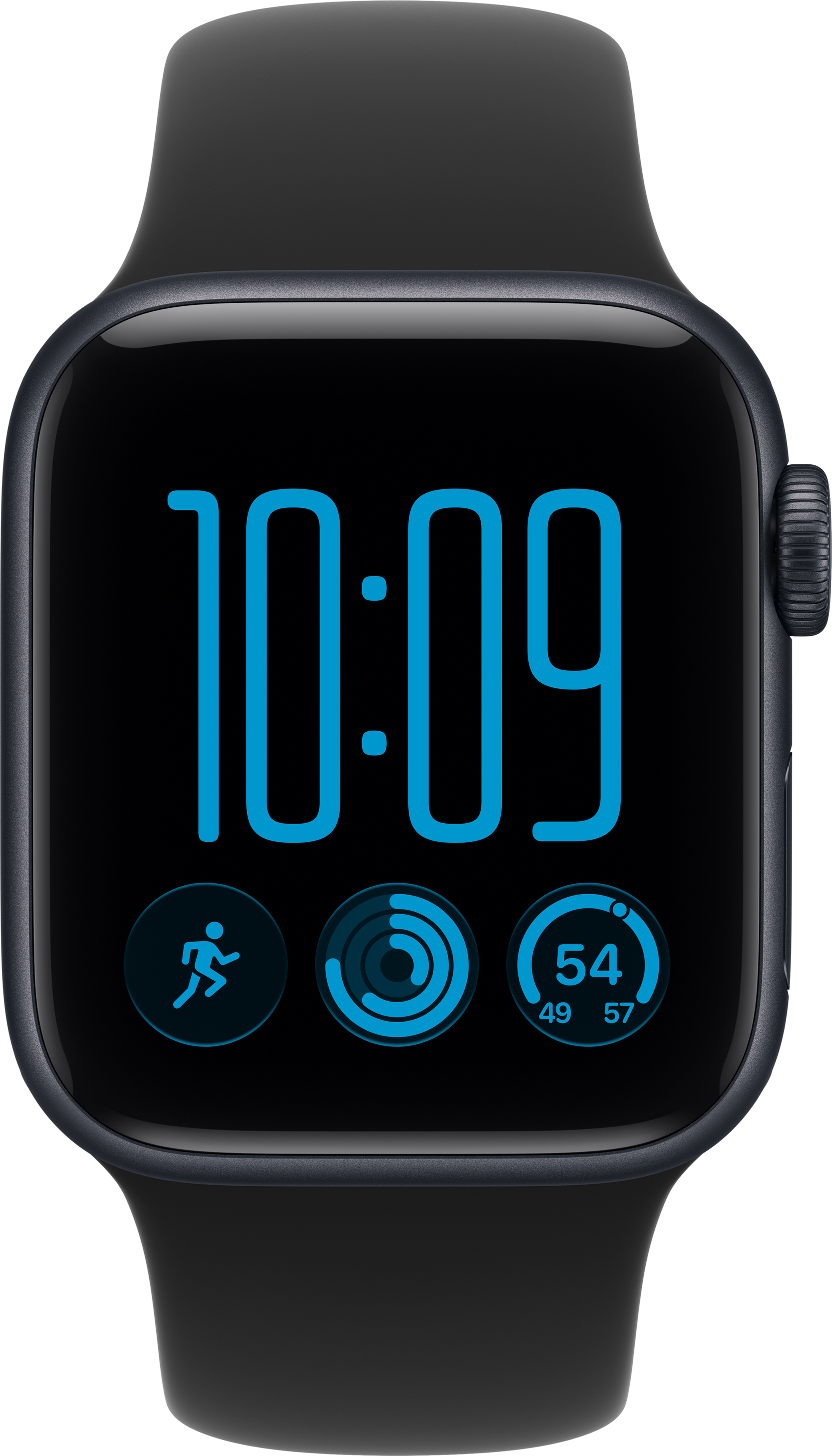 Schwarze Smartwatch mit blauem Zifferblatt, das 10:09 Uhr und Fitness-Statistiken zeigt.