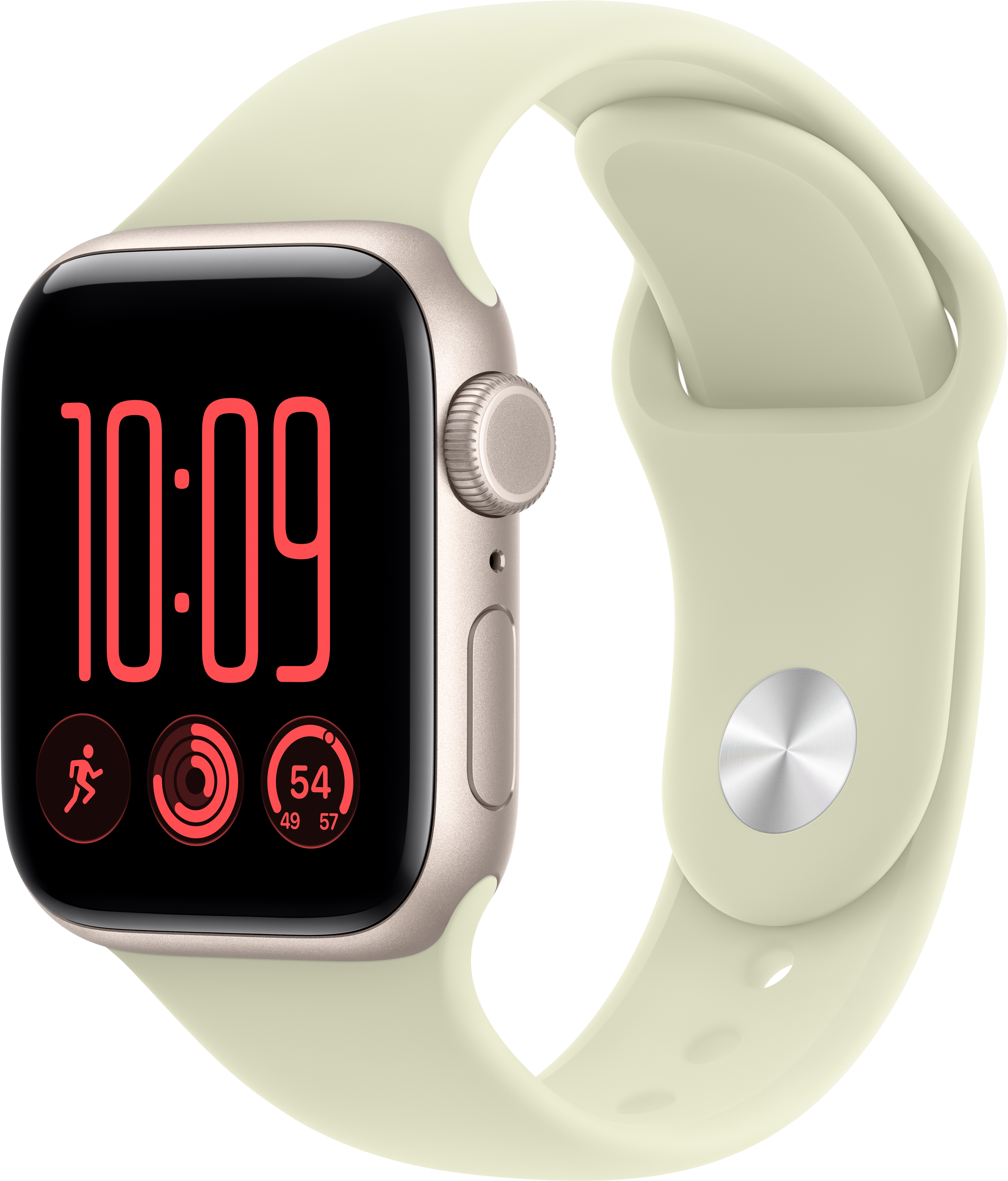 Goldfarbene Smartwatch mit hellgrünem Silikonarmband und rotem Zifferblatt auf schwarzem Grund.