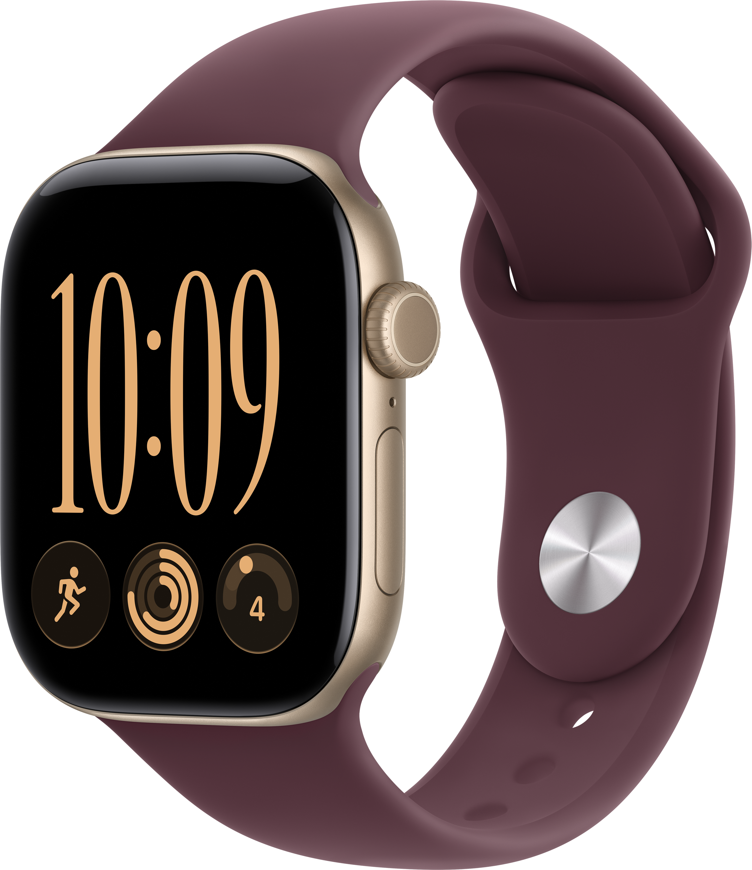 Uno smartwatch oro con cinturino in silicone prugna scuro mostra l'ora 10:09.