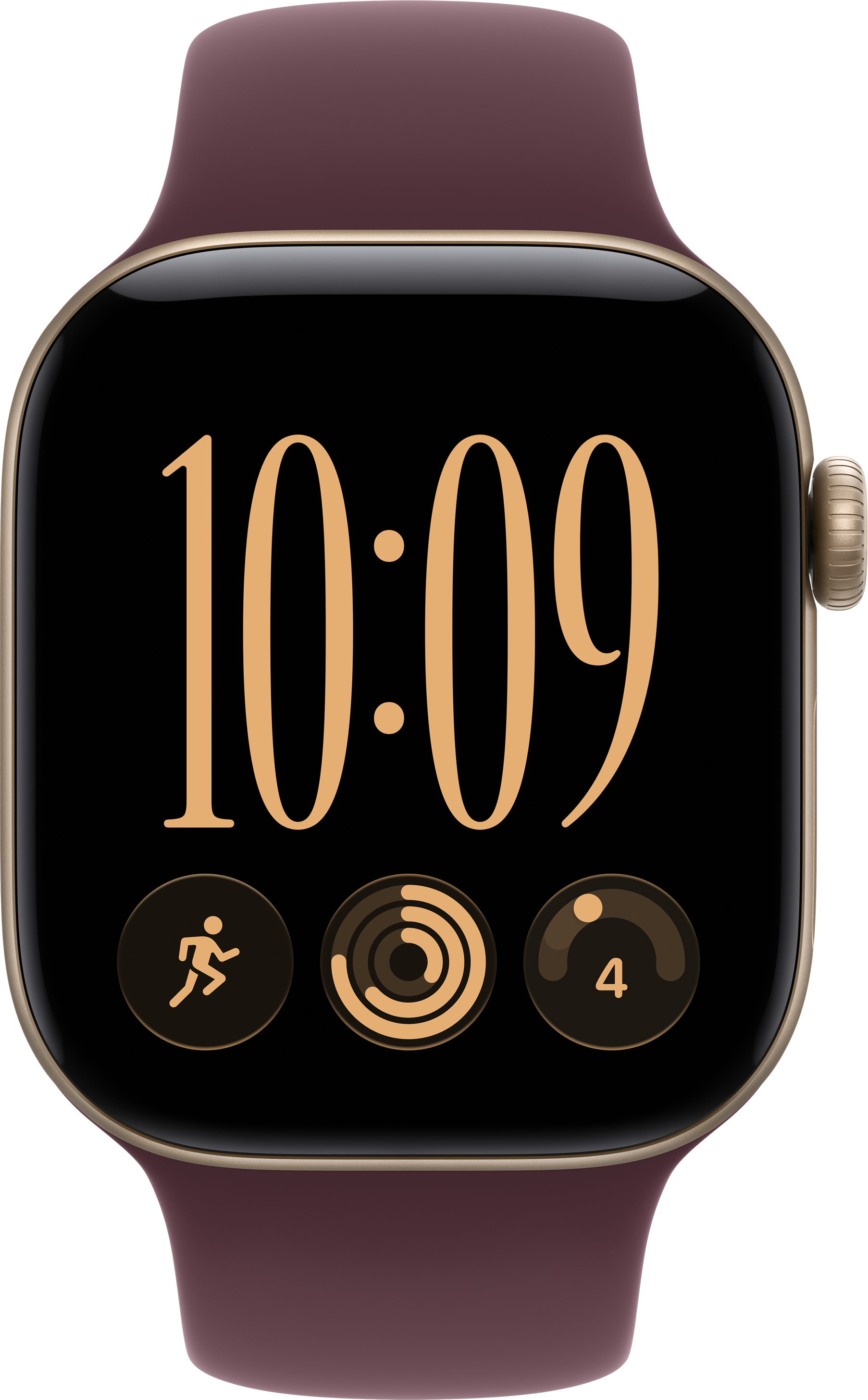 Uno smartwatch con cinturino marrone, cassa dorata e quadrante digitale che mostra le 10:09 e tre icone di app.
