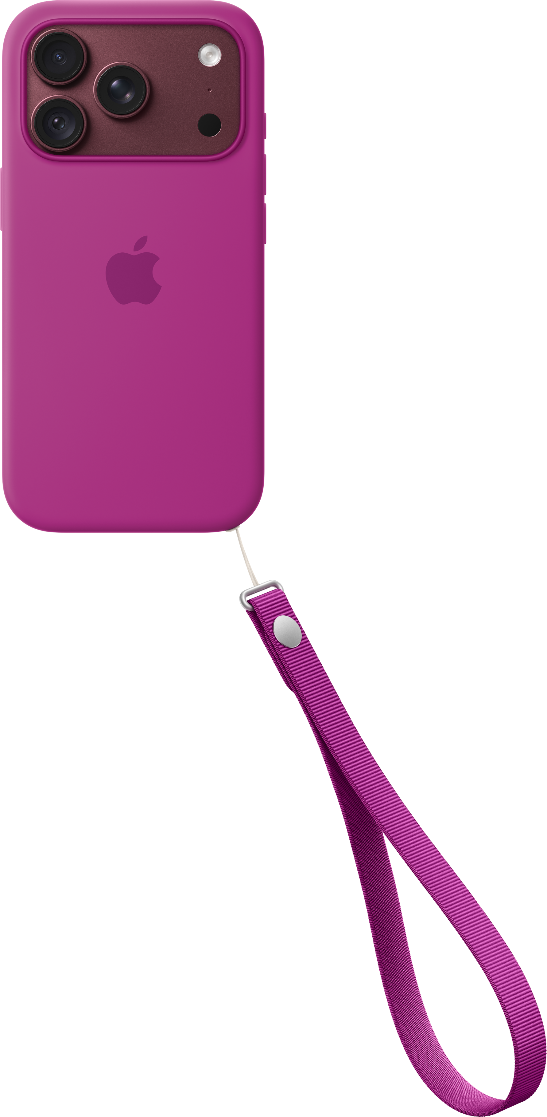 Eine leuchtend rosa Smartphone-Hülle mit passendem Trageband, dreifacher Kamera und Apple-Logo vor schwarzem Hintergrund.