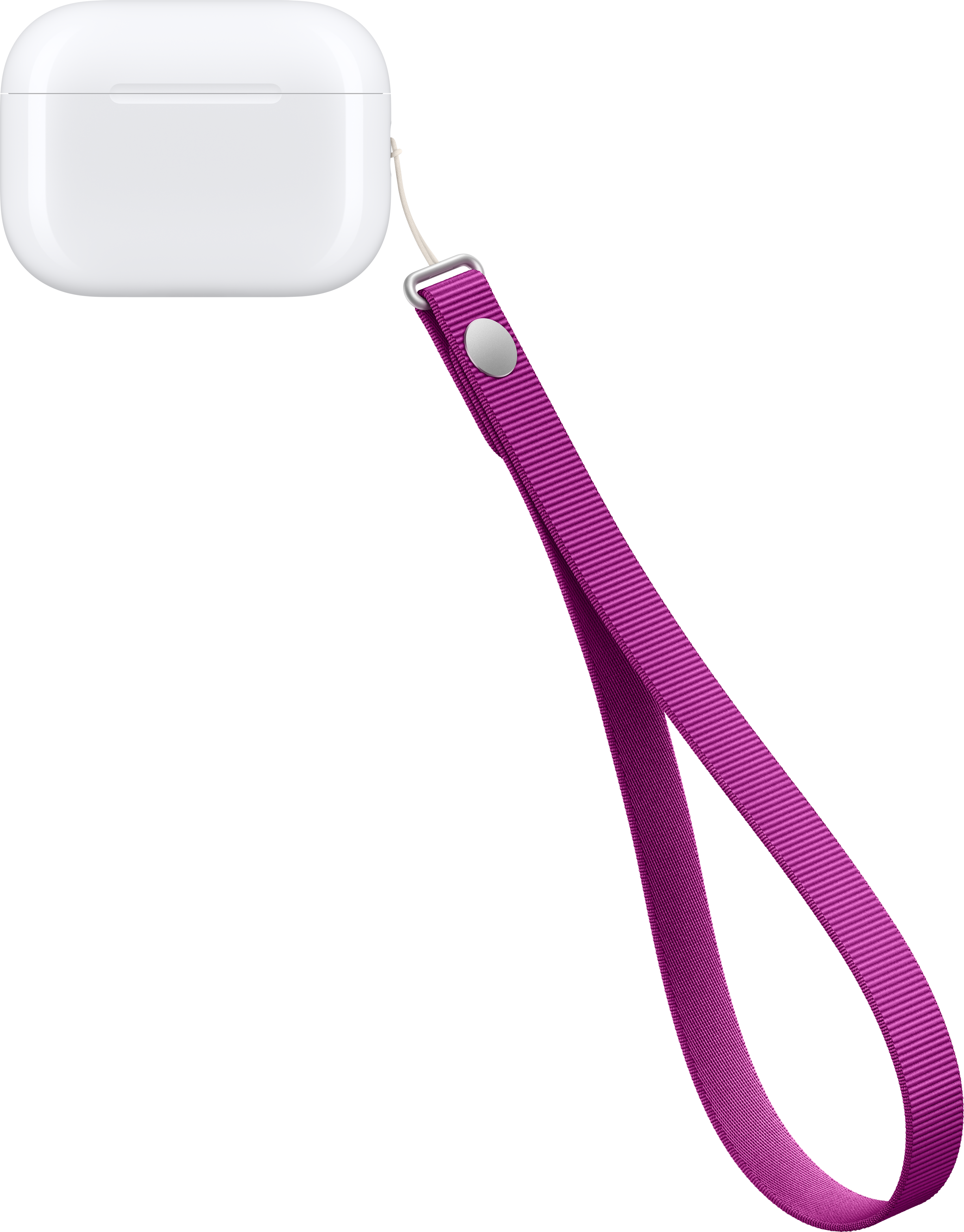 Ein weißes AirPods-Case mit einer langen, violetten Schlaufe auf schwarzem Hintergrund.