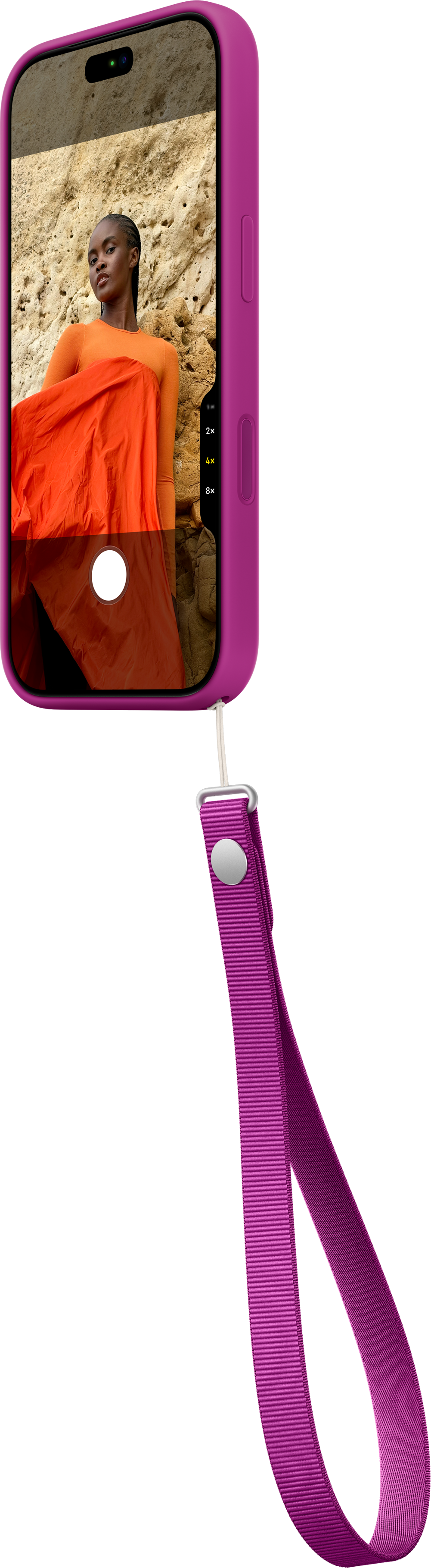 Ein pinkes Smartphone mit Kamera-App und passender Schlaufe vor schwarzem Hintergrund.