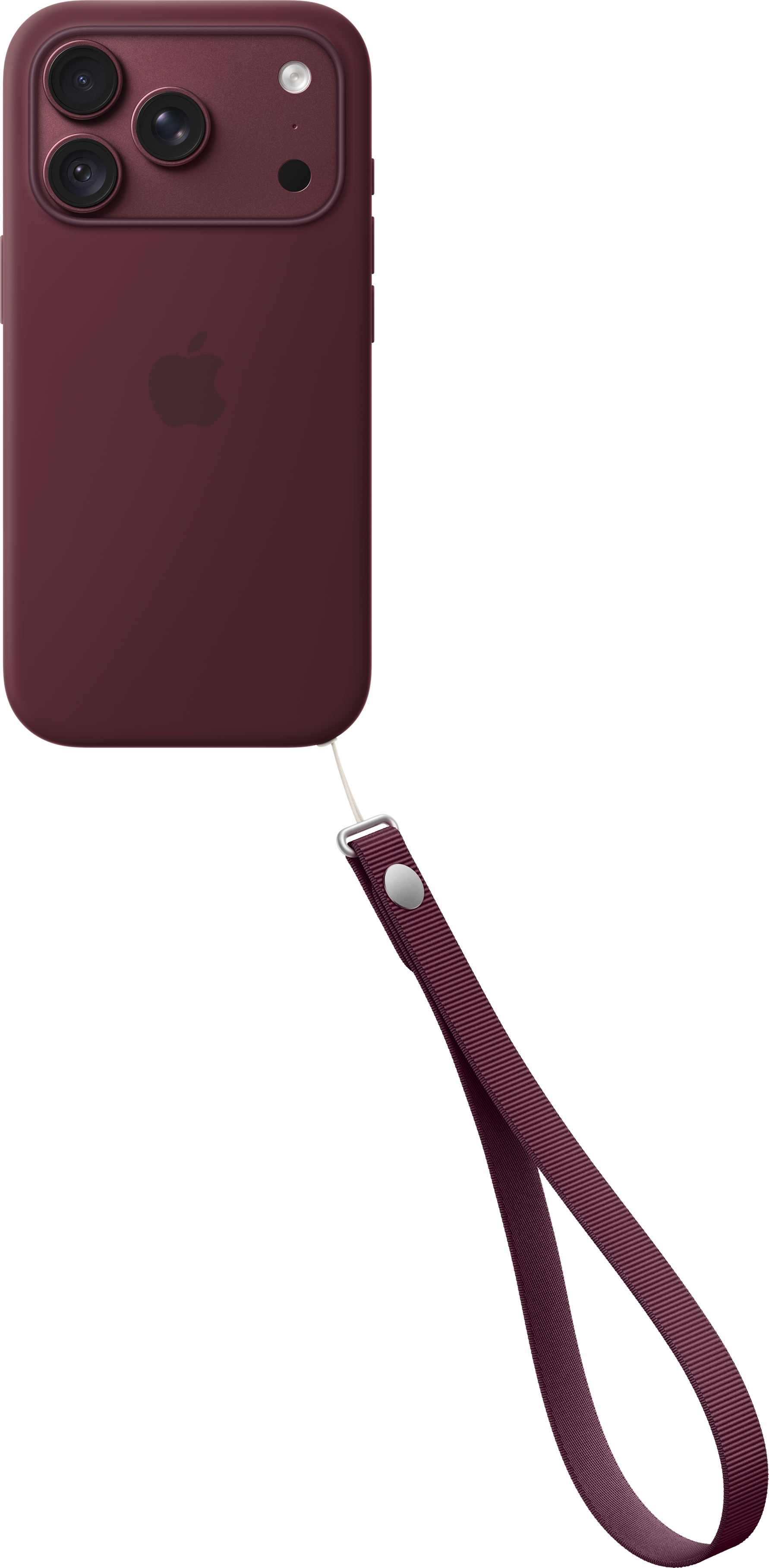 iPhone rosso in una custodia con logo Apple e cordino da polso abbinato su sfondo nero.