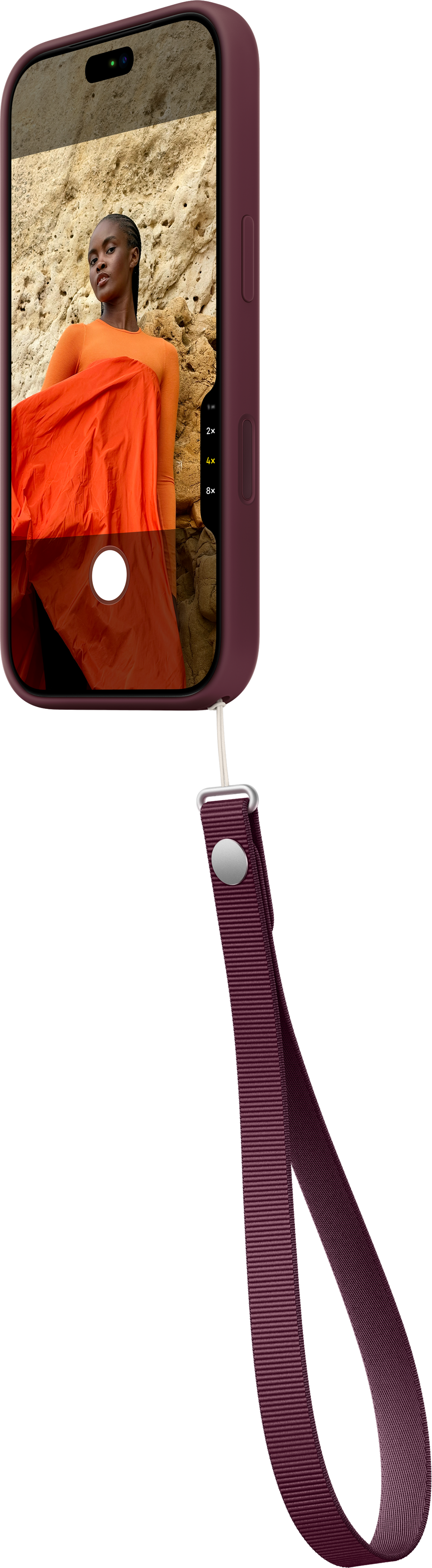 Smartphone rosso scuro con cinturino, lo schermo mostra una persona.