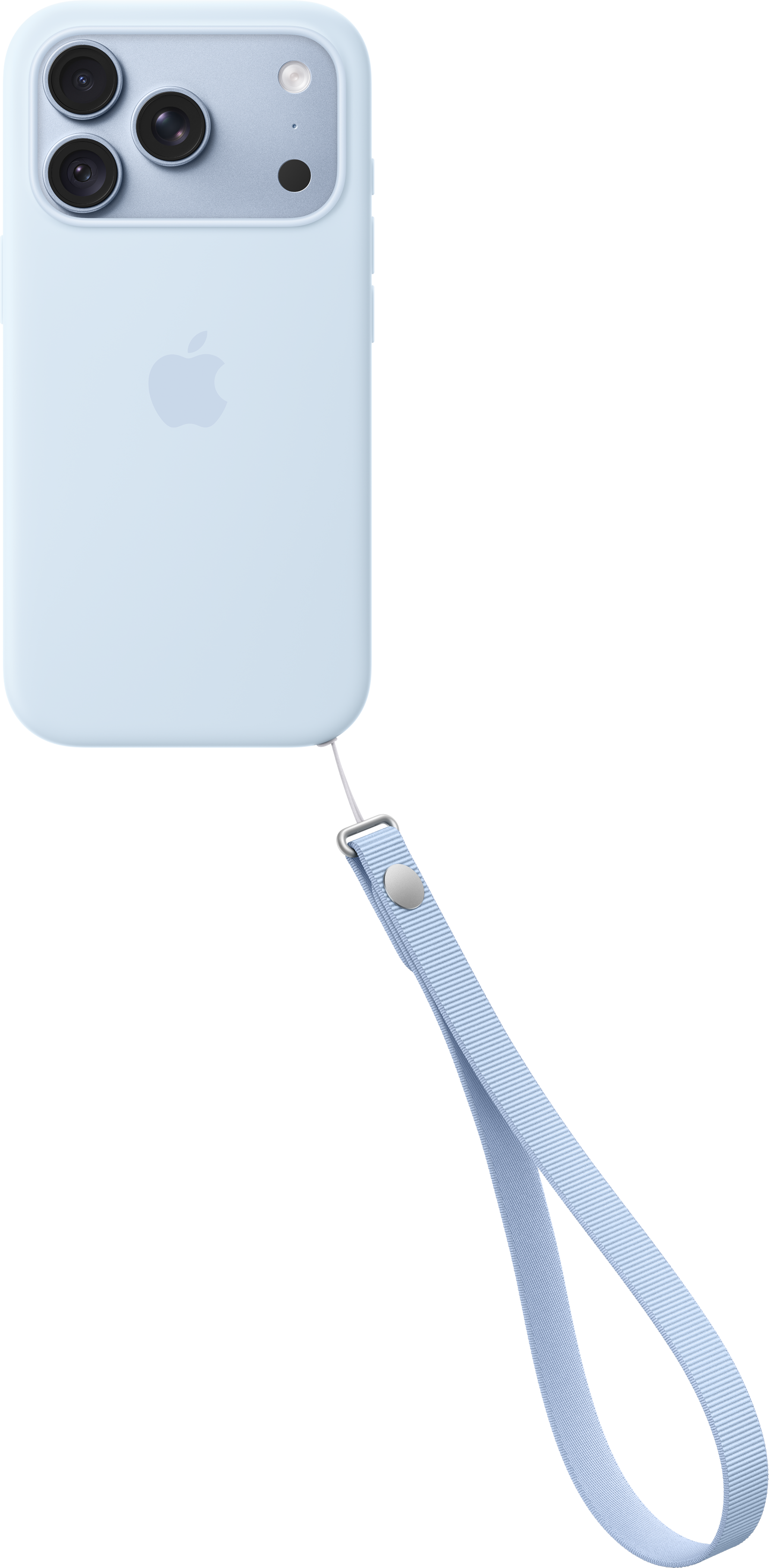 Smartphone bleu clair dans une coque avec le logo Apple et dragonne assortie sur fond noir.