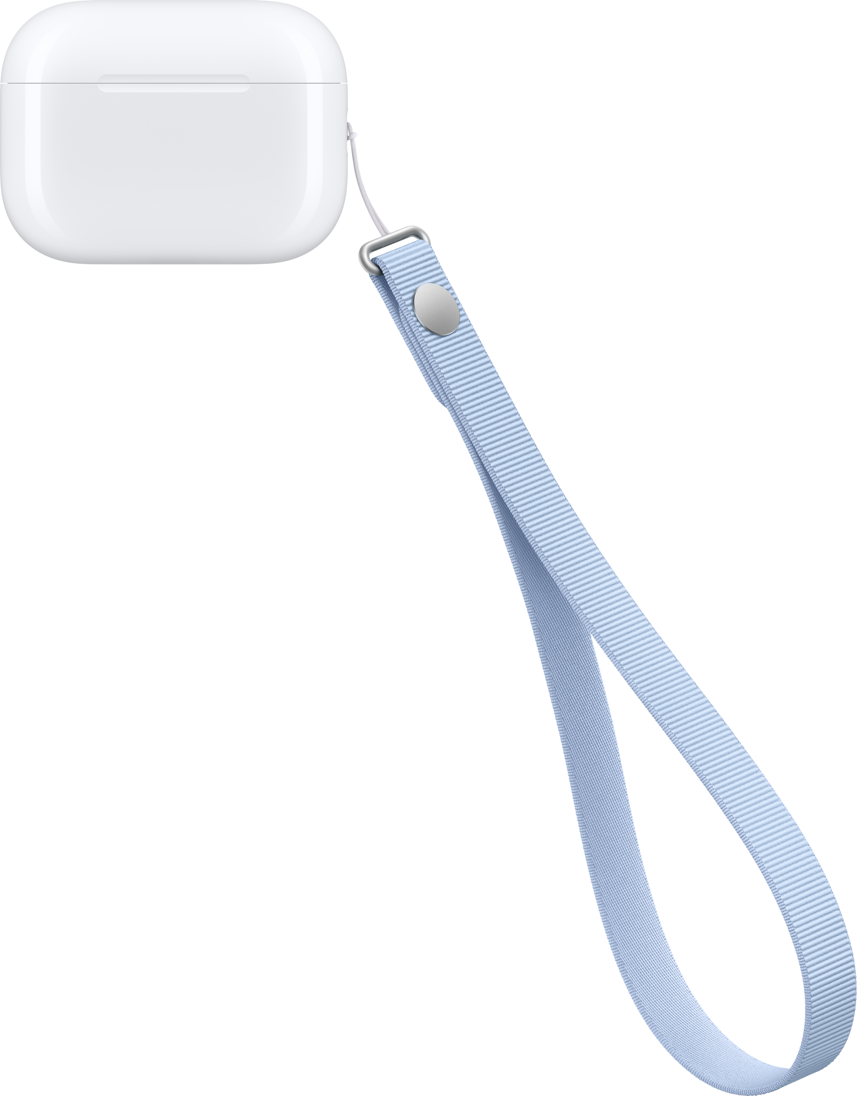 Un boîtier de charge AirPods blanc avec une lanière bleue sur fond noir.