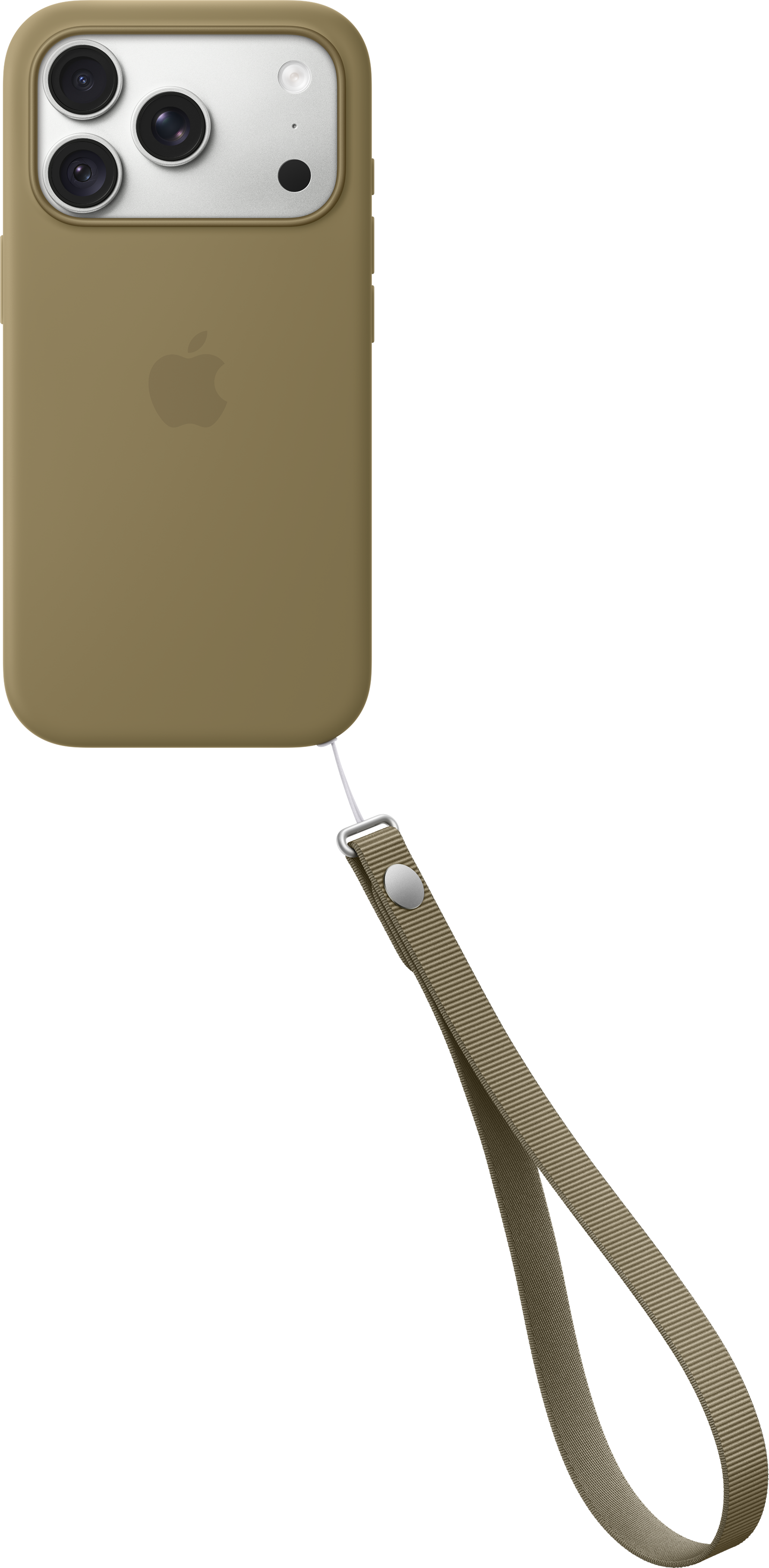Ein beiger Handy-Case mit Apple-Logo und passender Handschlaufe auf schwarzem Hintergrund.