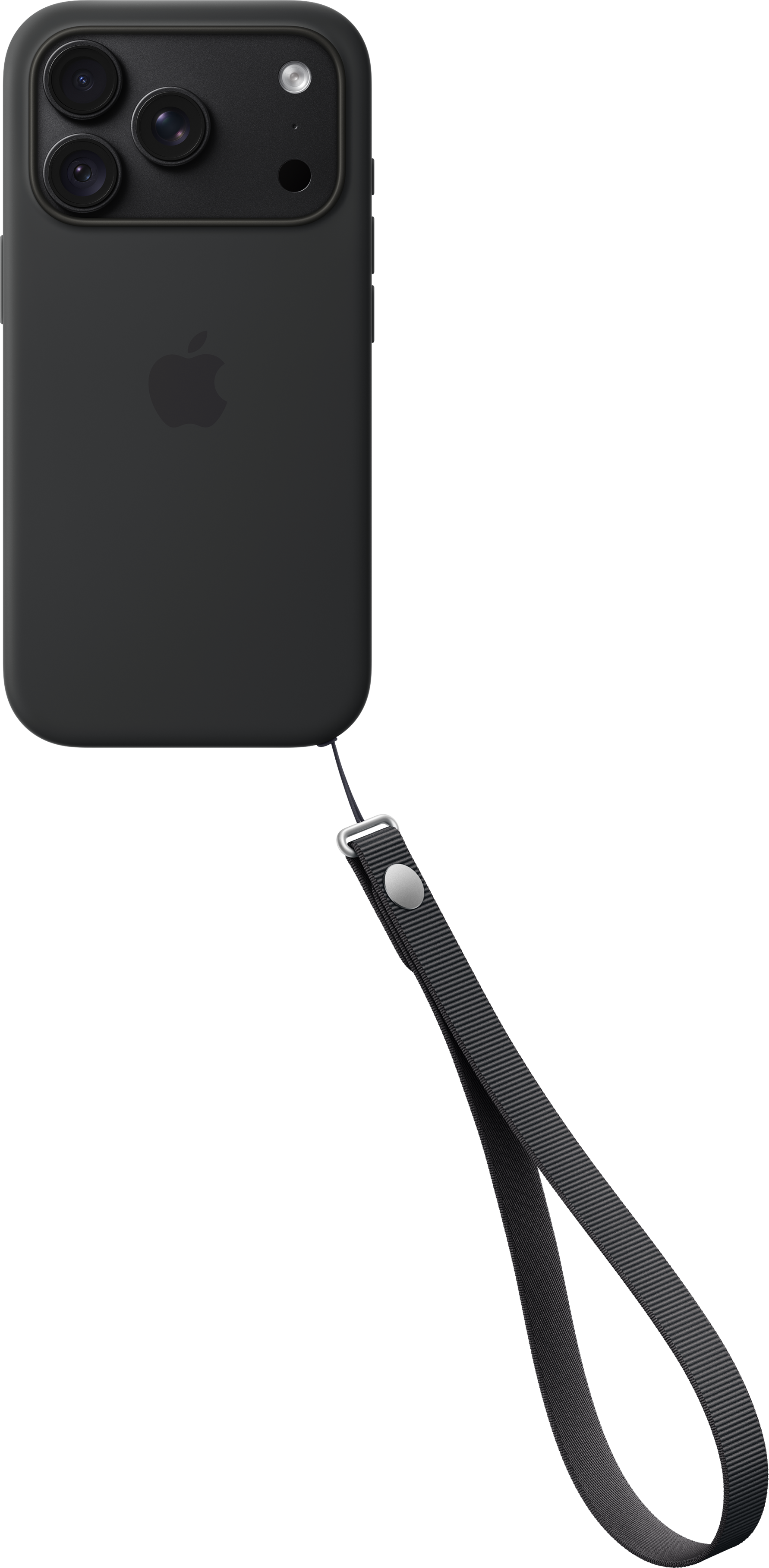 iPhone nero in custodia protettiva con logo Apple e cinturino da polso nero su sfondo nero.