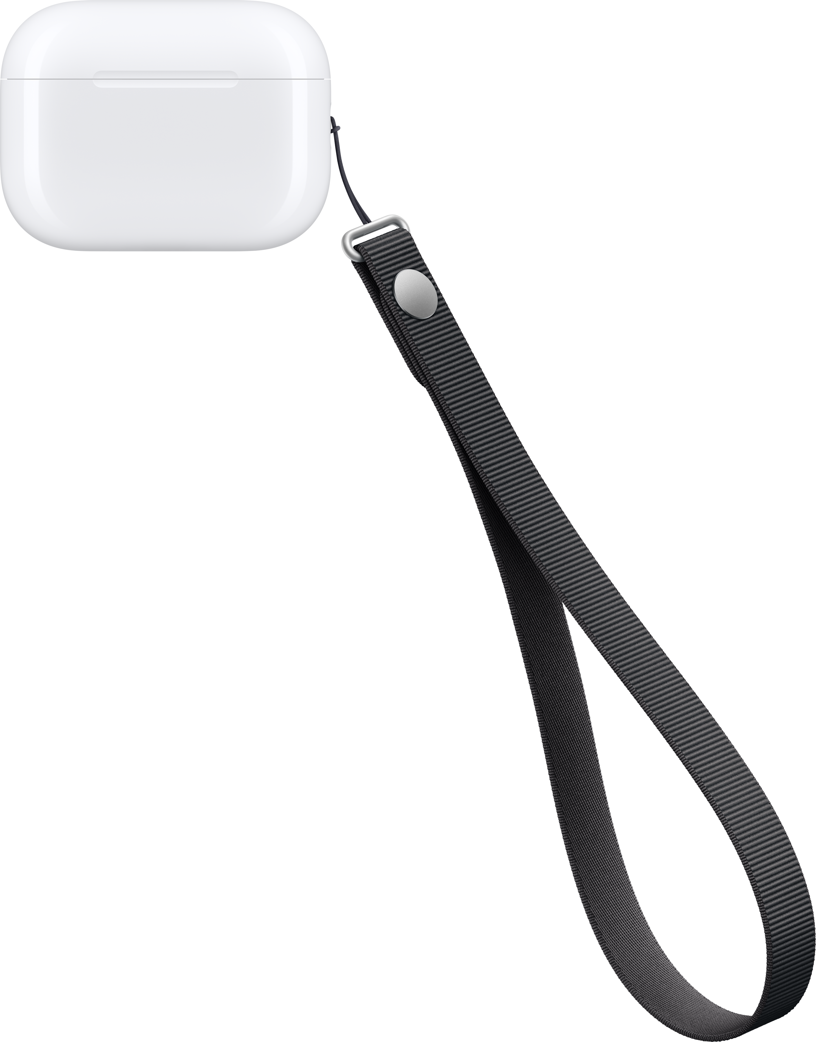 Custodia AirPods Pro bianca con cordino nero su sfondo scuro.