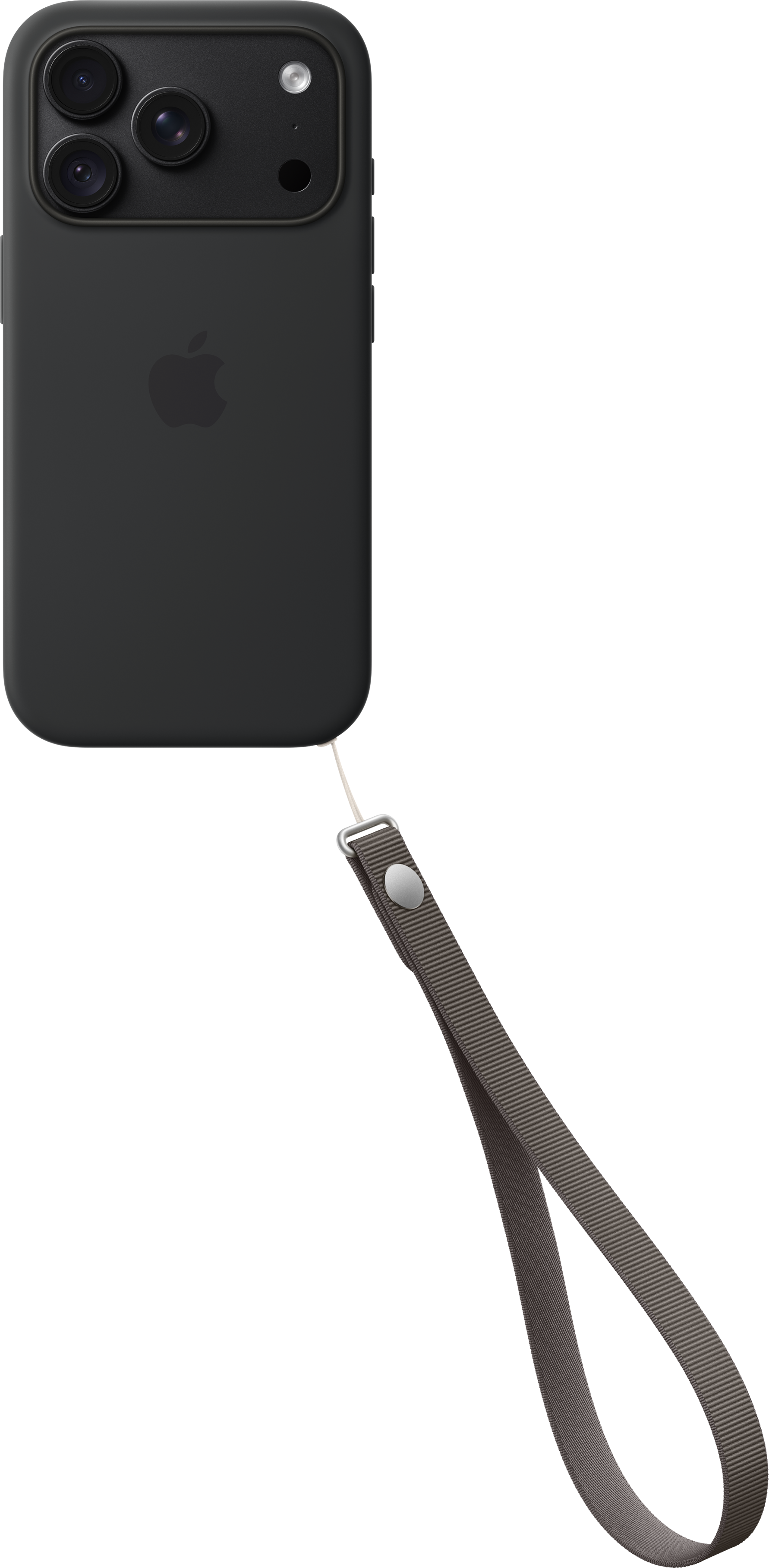 Uno smartphone nero in custodia con cinturino da polso grigio su sfondo nero.