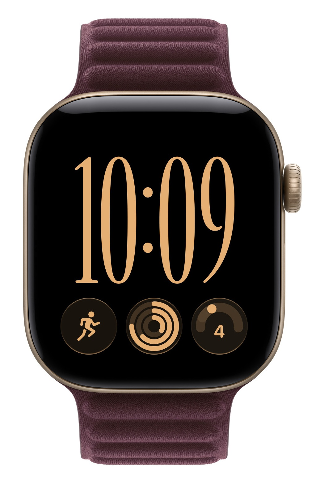 Smartwatch z ciemną tarczą wyświetlającą godzinę 10:09 i trzy ikony aplikacji, na bordowym pasku.