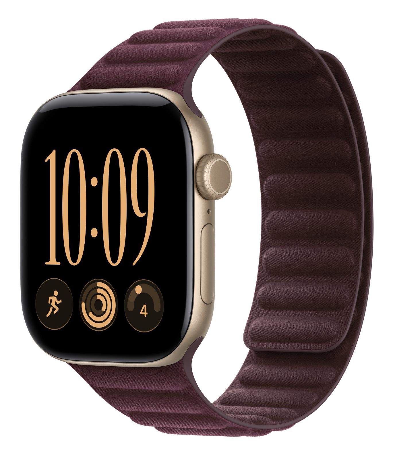 Zloty smartwatch z ciemnym ekranem i teksturowanym, ciemnoczerwonym skorzanym paskiem na bialym tle.