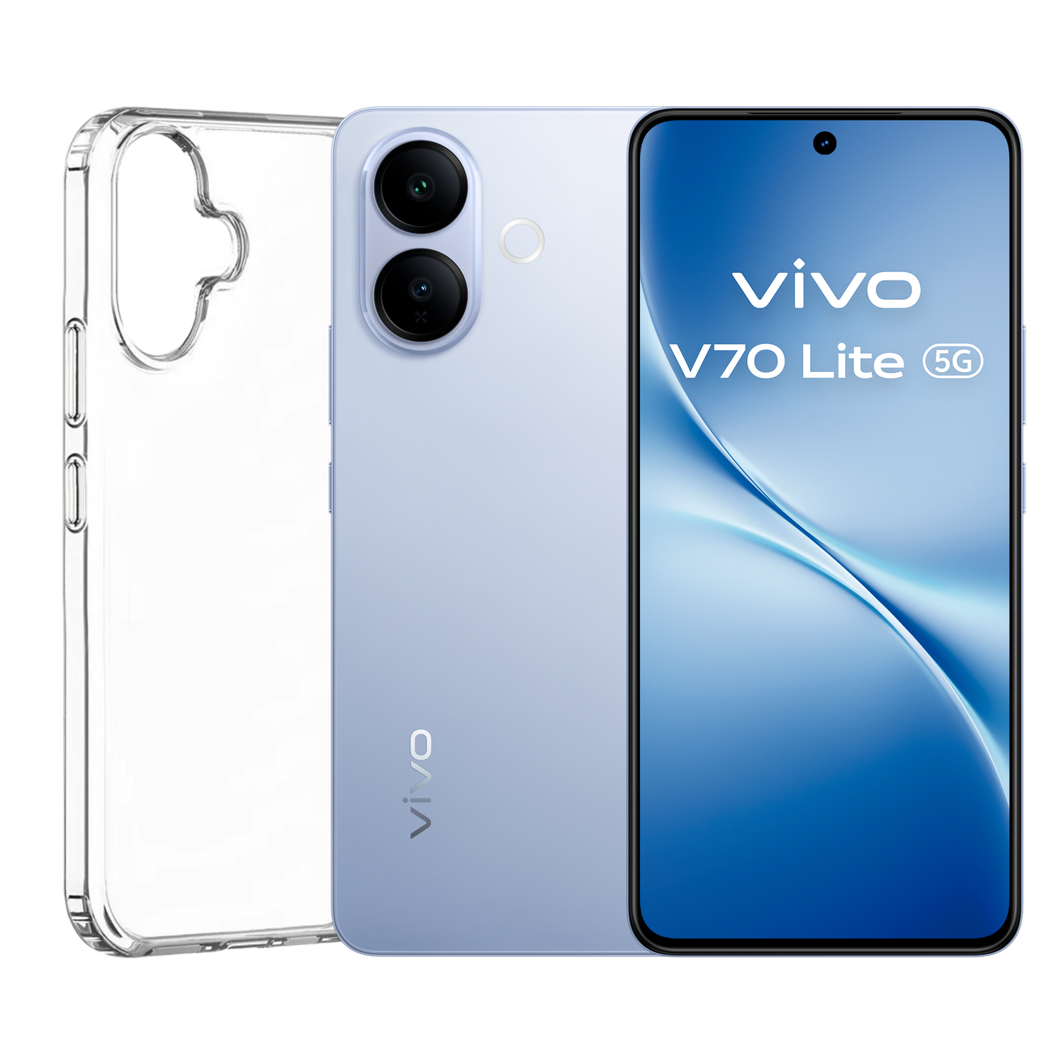 Un smartphone vivo V70 Lite 5G azul claro con pantalla frontal, cámaras traseras y una funda protectora transparente.