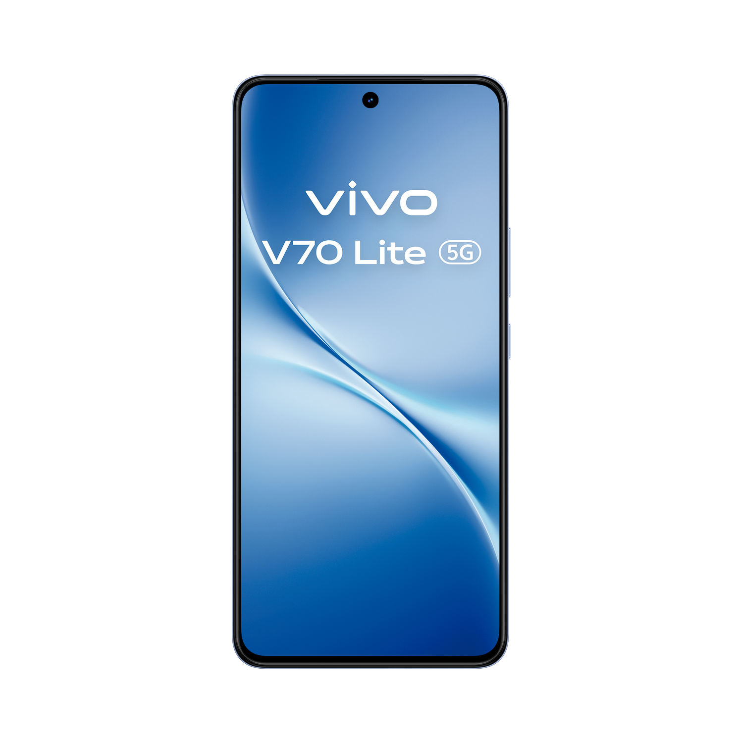 Vista frontal de un smartphone azul Vivo V70 Lite 5G con diseño de pantalla curva sobre fondo negro.