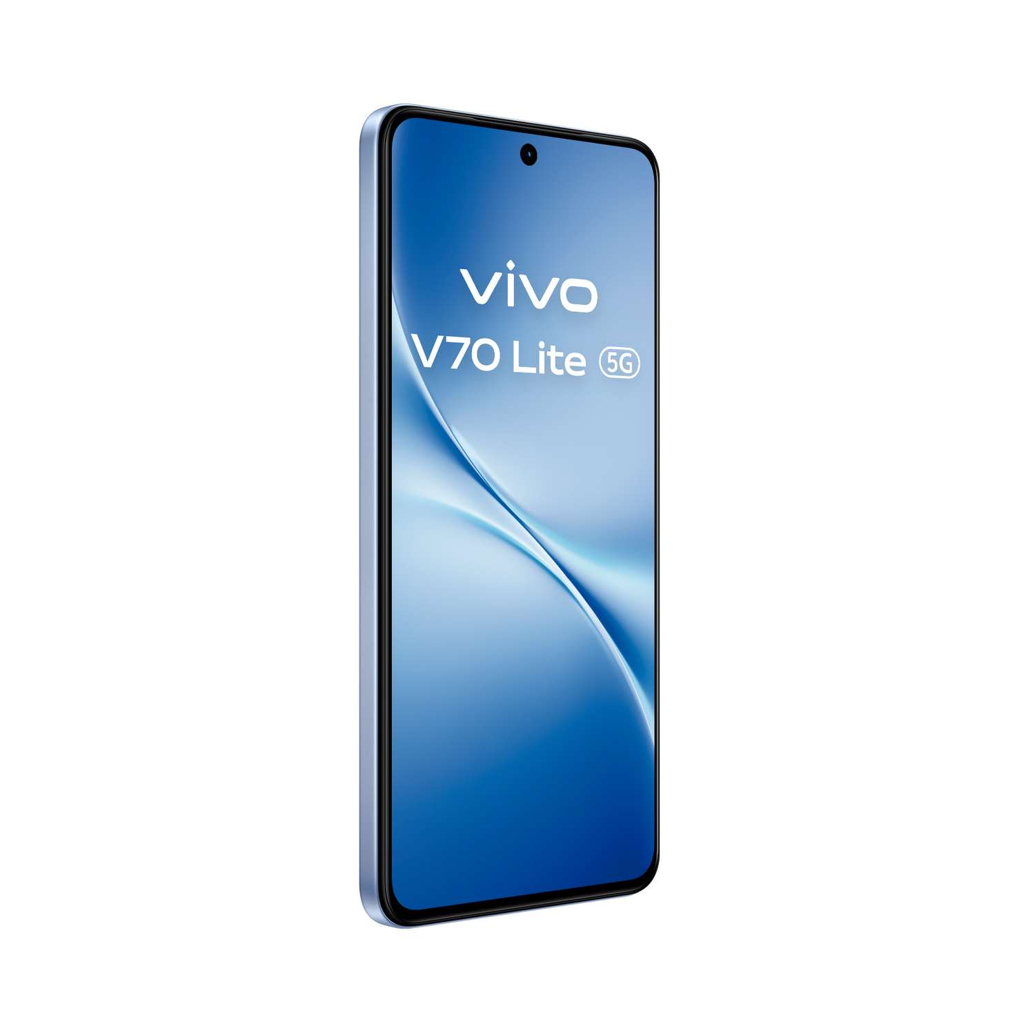 Un smartphone azul vivo V70 Lite 5G sobre fondo negro con pantalla iluminada.
