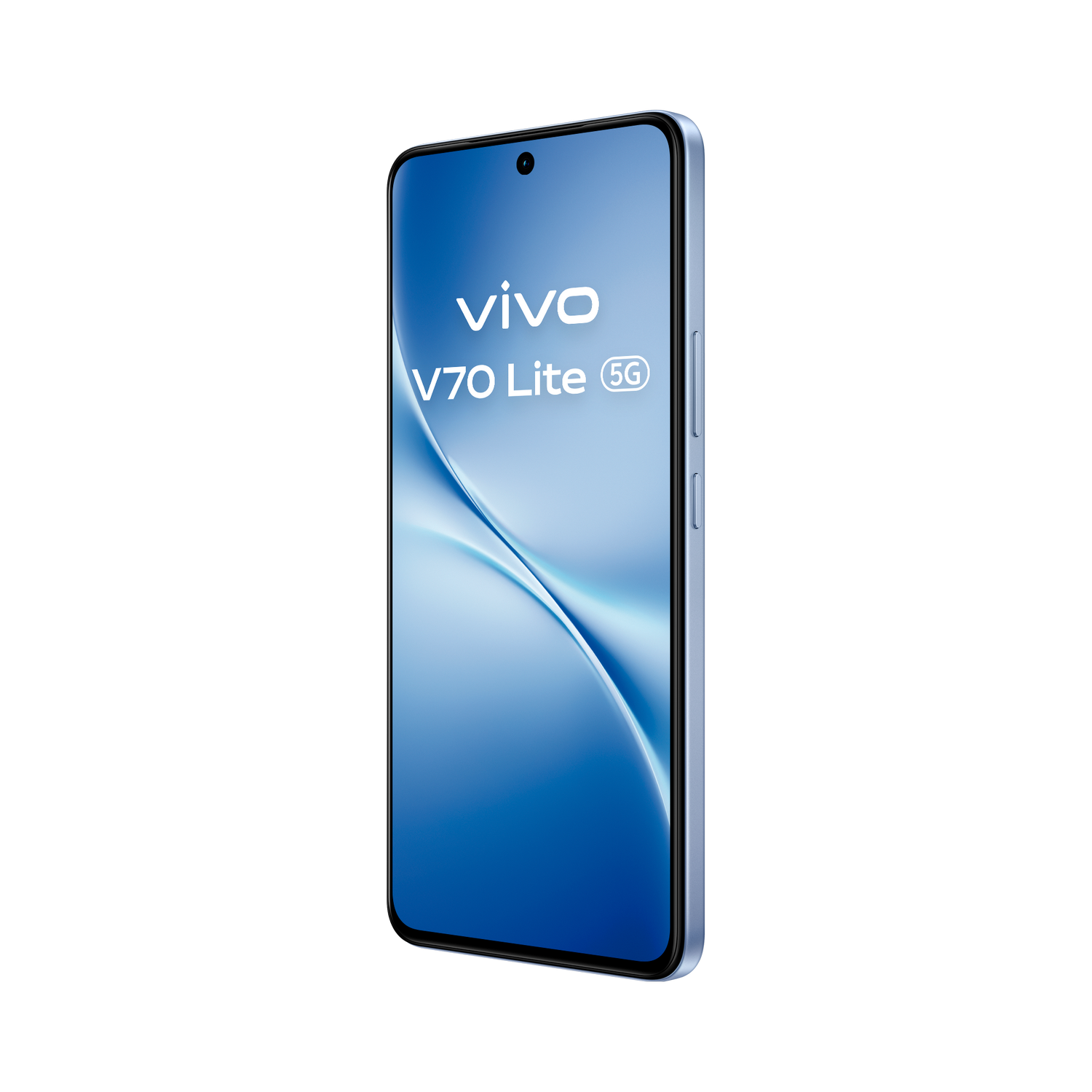 Un smartphone vivo V70 Lite 5G azul claro sobre fondo negro con pantalla iluminada.
