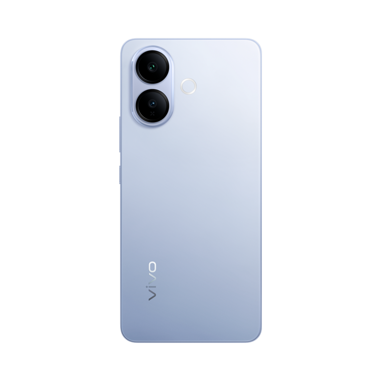La parte trasera de un smartphone Vivo azul claro con dos lentes de cámara dispuestas verticalmente y el logotipo de Vivo.