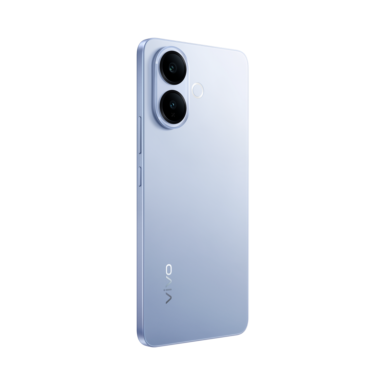 Parte trasera de un smartphone azul claro con doble cámara y el logotipo de vivo sobre fondo negro.