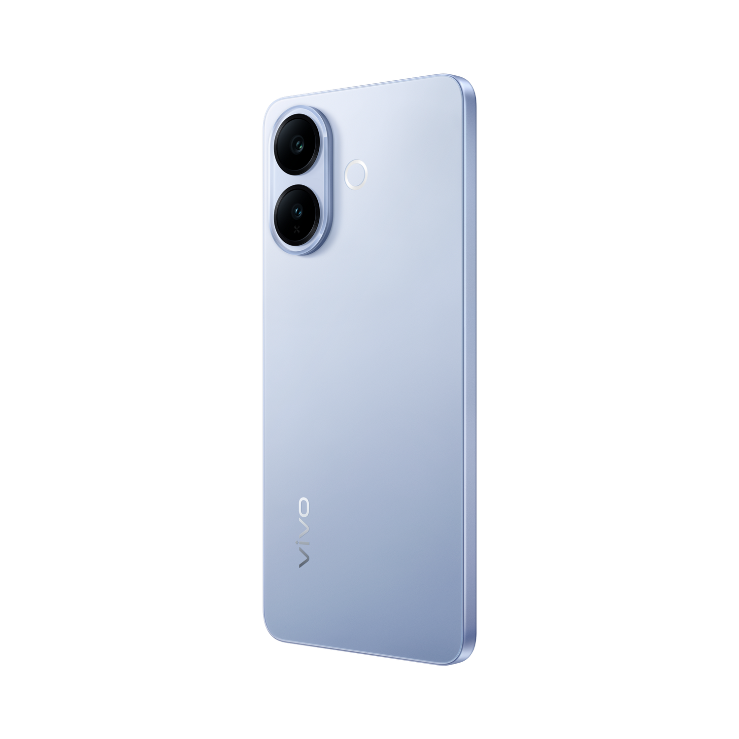 Parte trasera de un smartphone Vivo azul claro con doble cámara vertical sobre fondo negro.