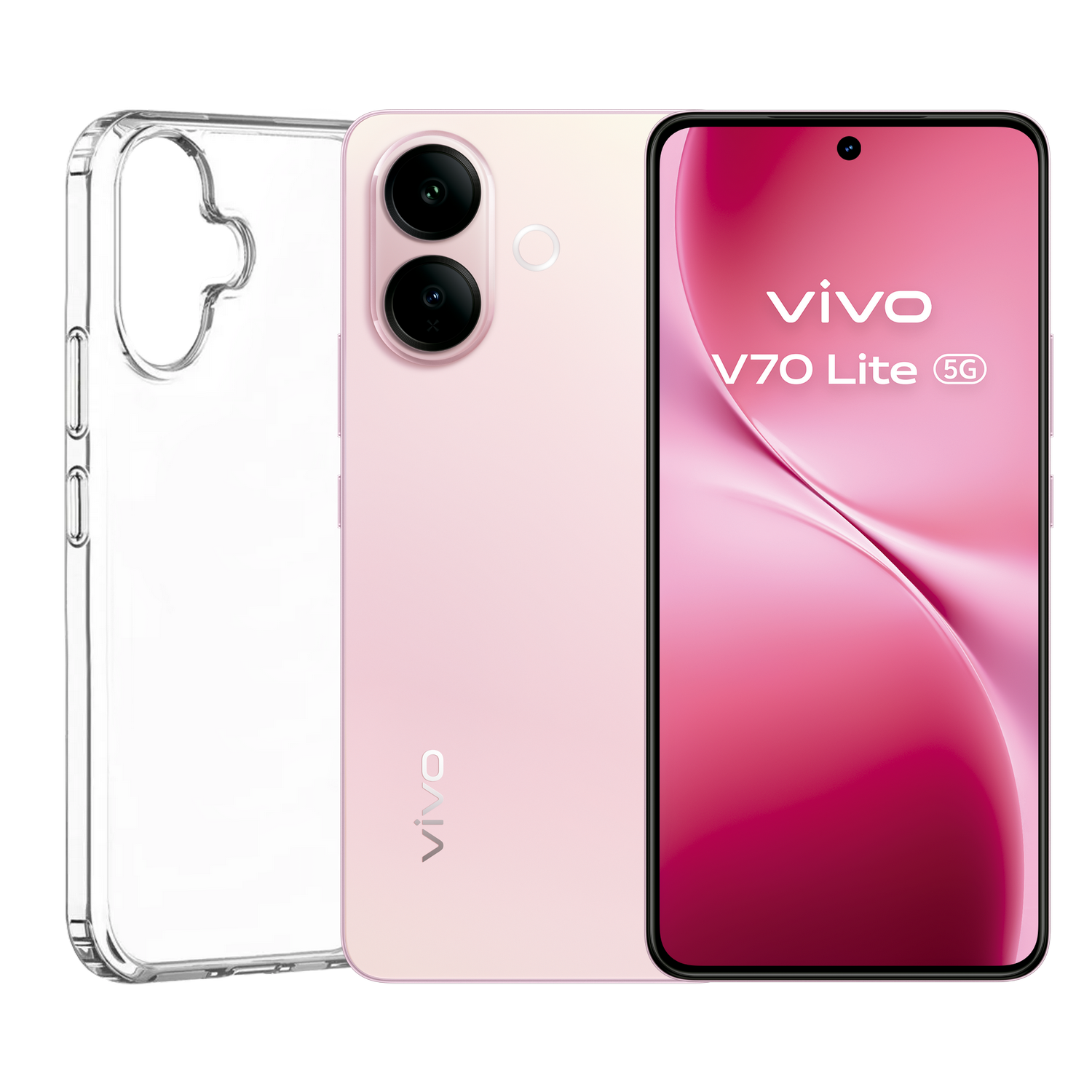 Un smartphone rosa Vivo V70 Lite 5G y una funda protectora transparente sobre fondo negro.