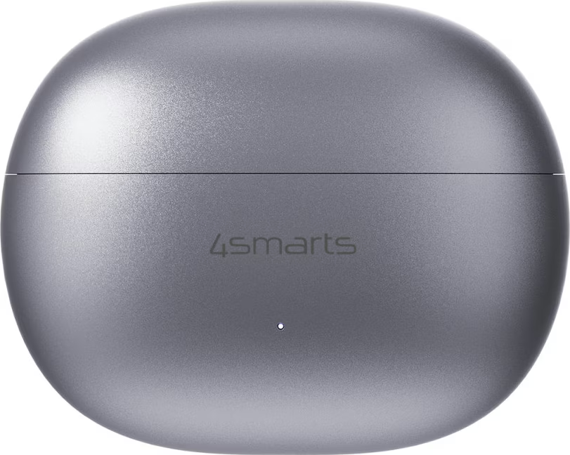 Graues, ovales Ladecase für Ohrhörer mit dem 4smarts-Logo und einer kleinen LED-Leuchte.