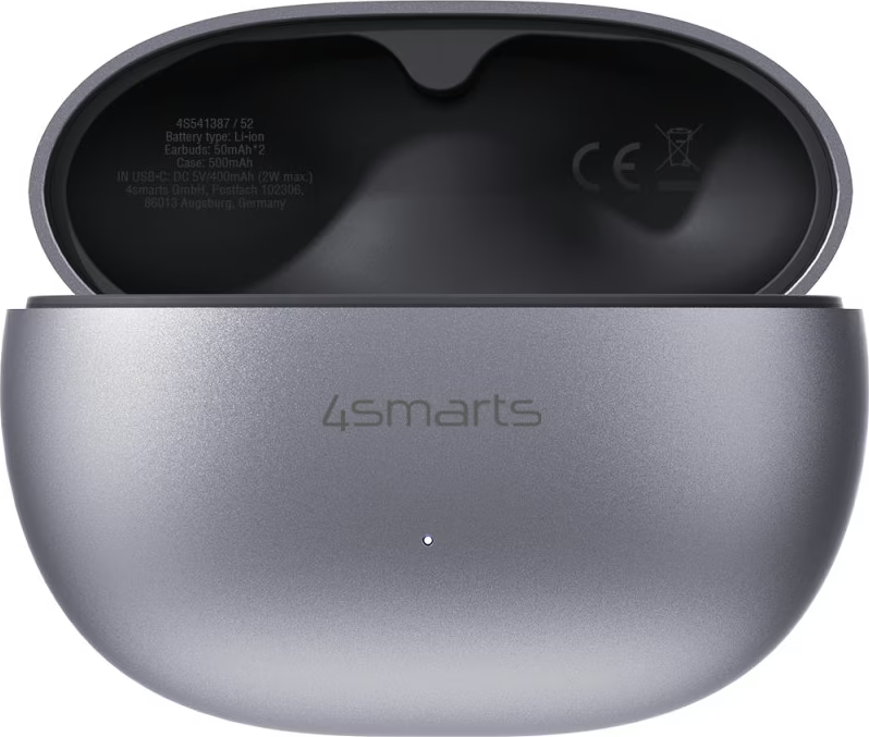 Offenes graues Ladecase mit dem 4smarts Logo und technischen Daten im Inneren.