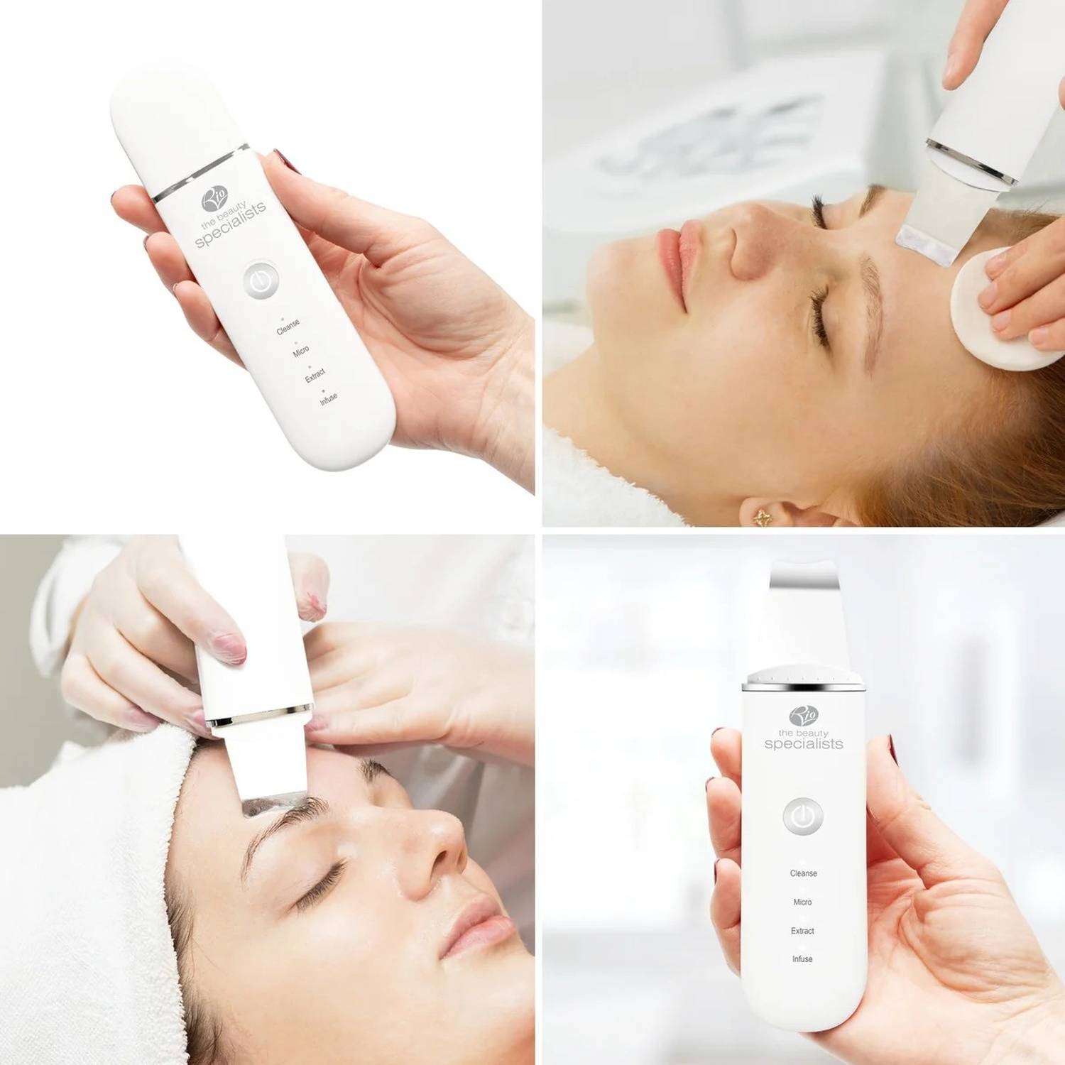 Quattro immagini mostrano una mano che tiene un dispositivo di pulizia del viso bianco e la sua applicazione.