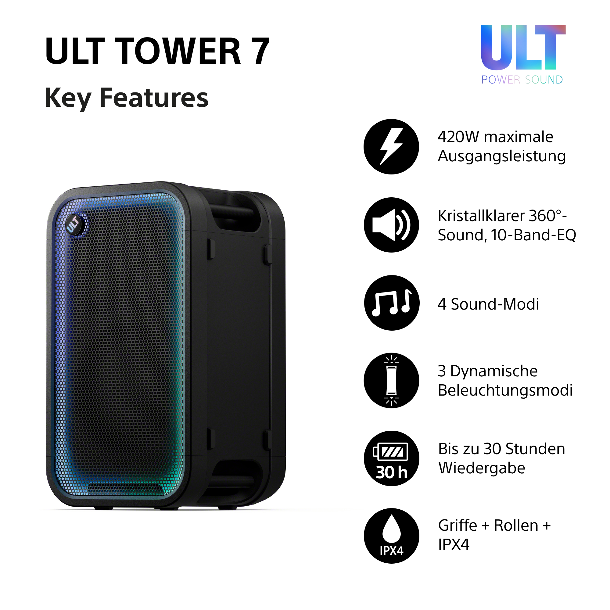 Produkt-Infografik für den ULT Tower 7 Lautsprecher mit Symbolen und Text zu Leistung, Sound und Akkulaufzeit.