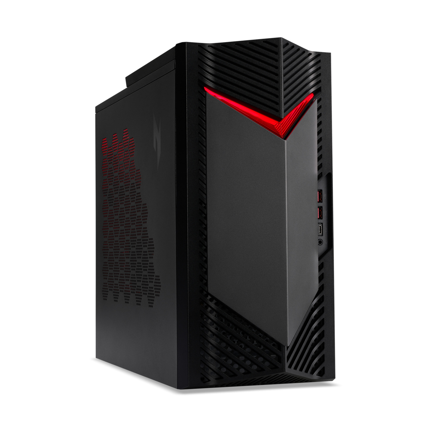 Tower per PC da gioco nero con dettagli a LED rossi sul pannello frontale, su sfondo bianco.