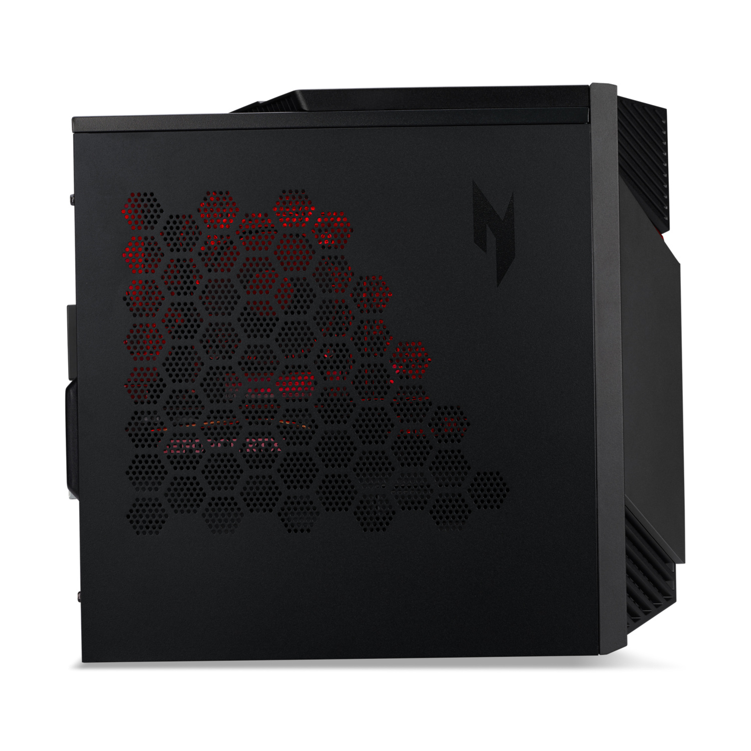 Case per PC nero con dettagli rossi che brillano attraverso una griglia di ventilazione a nido d'ape.