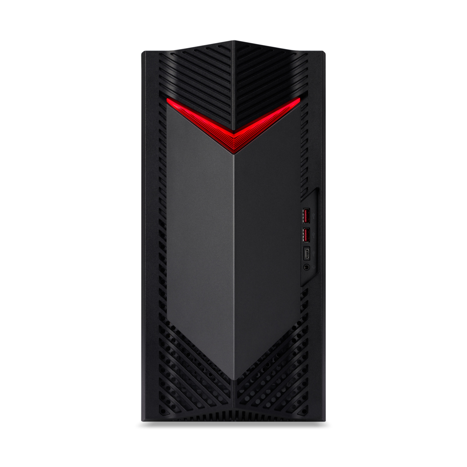 Tower PC da gioco nero con dettagli LED rossi e porte USB frontali.