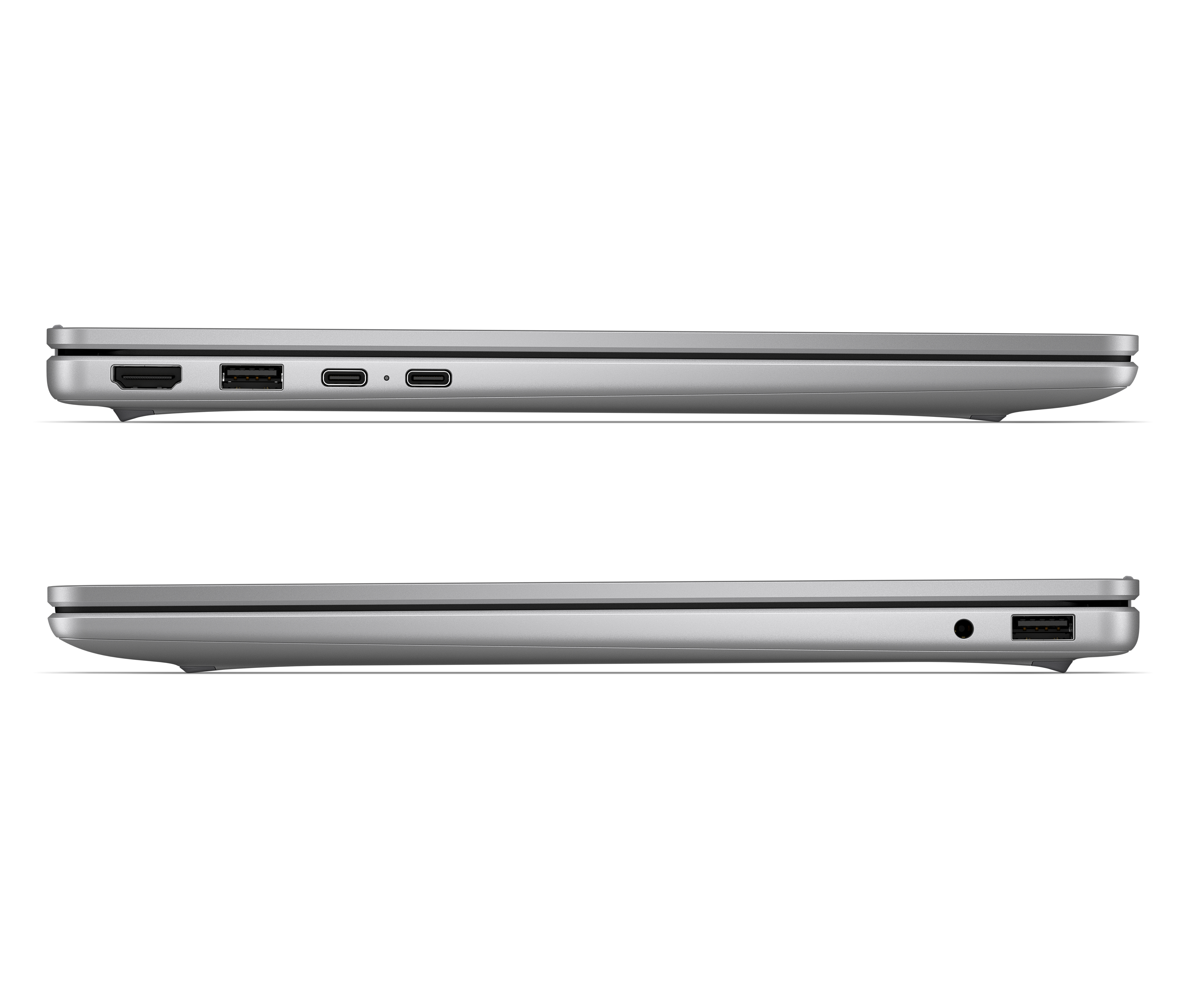 Seitenansichten eines geschlossenen silbernen Laptops mit Anschlüssen auf beiden Seiten.