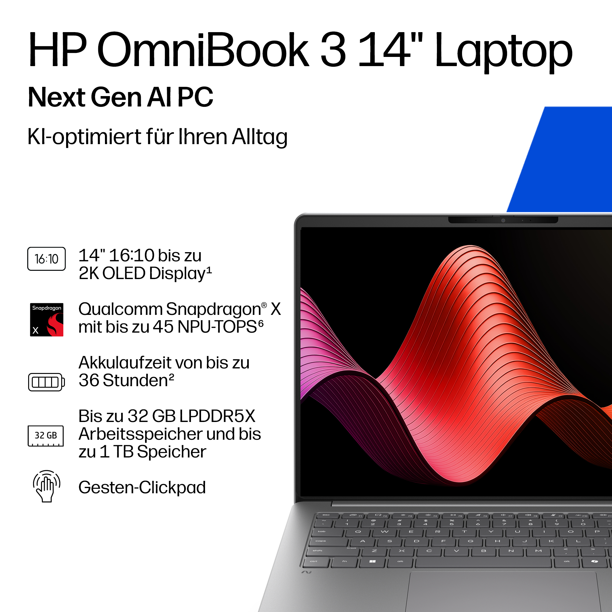 HP OmniBook 3 14 Zoll Laptop mit OLED-Display und KI-Funktionen.