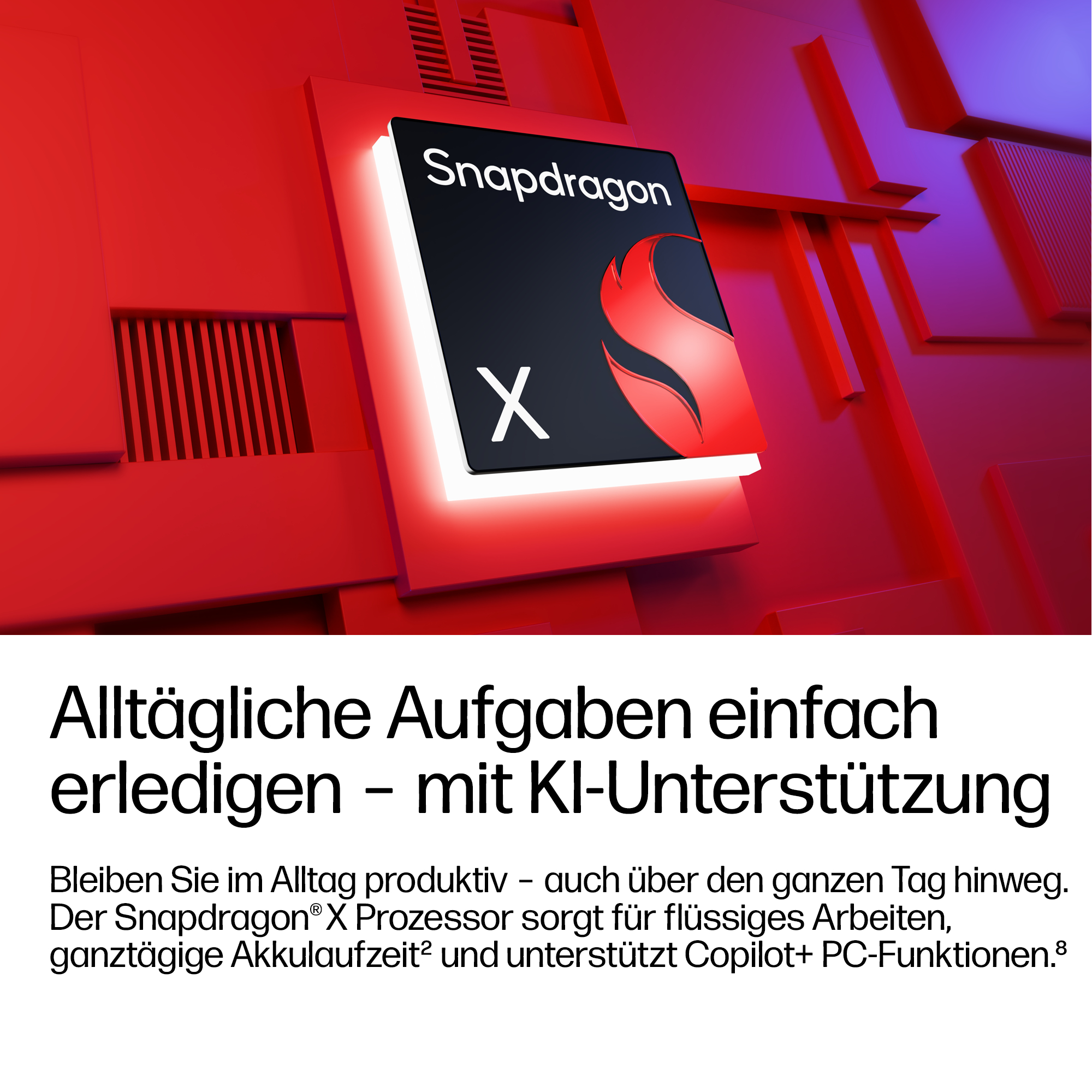 Snapdragon X Logo vor rotem Hintergrund mit weißem Text.